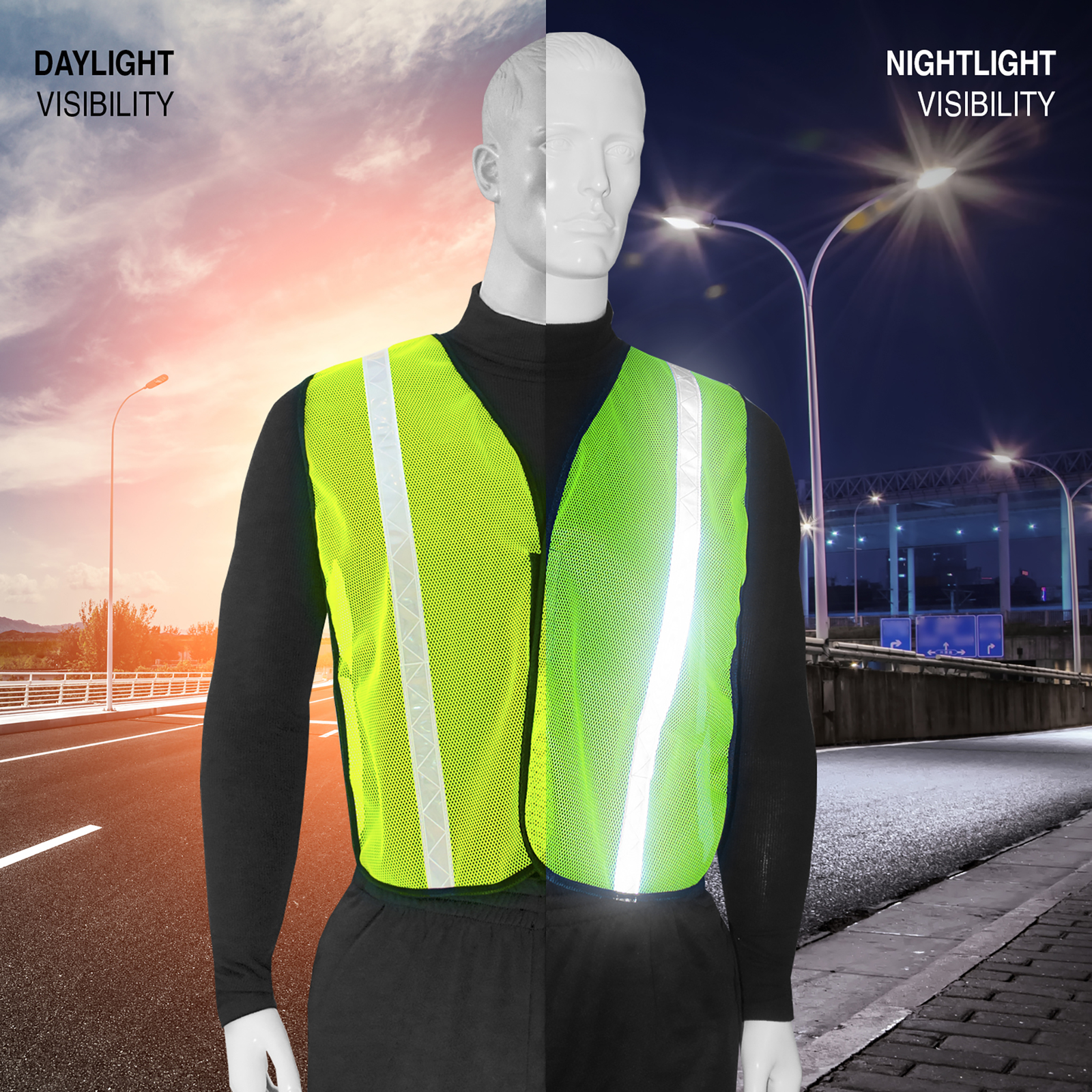 Mannequin wearing a lime Jorestech safety vest and it compares how bright it looks during day and night time 