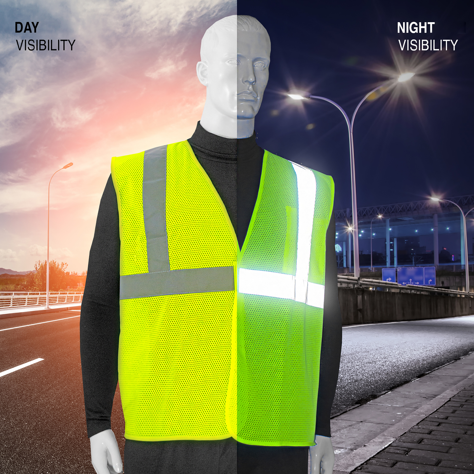 Mannequin wearing a lime Jorestech safety vest and it compares how bright it looks during day and night time
