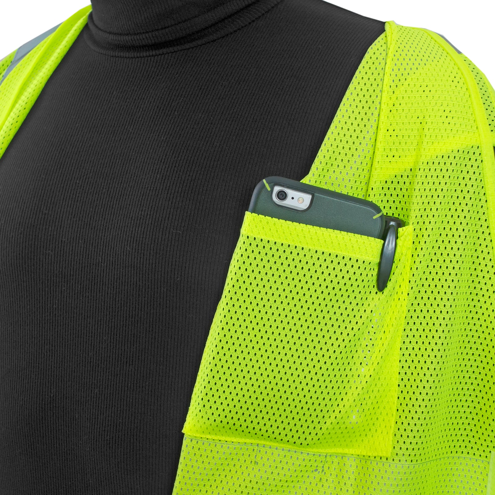 Close-up of the internal pocket of the JORESTECH safety vest shown with a mobile phone and a pen
