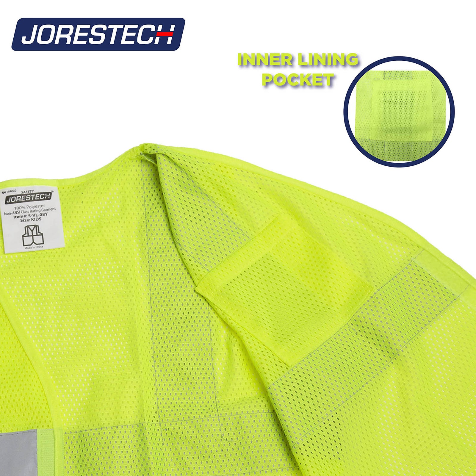Shows the mesh hi vis safety vest with one pocket and hook and loop