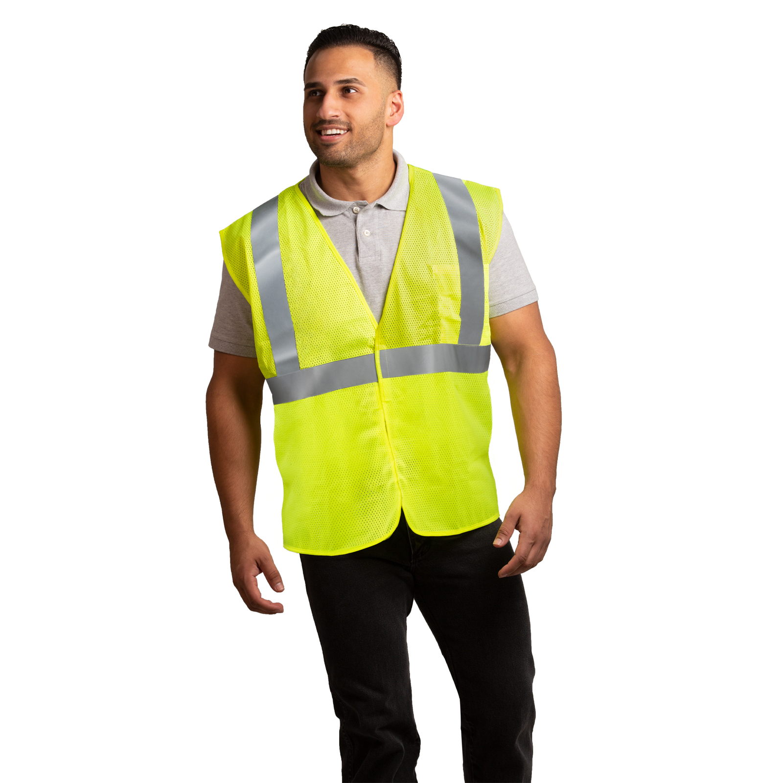 Man wearing the ANSI/ISEA 107-2015, Type R Class 2 lime safety vest 