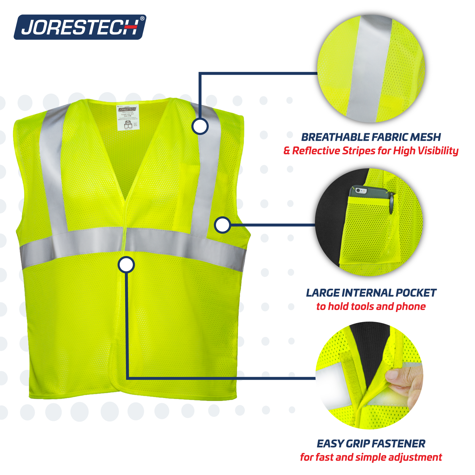 High visibility safety vest with 2 inches reflective strips with one internal pocket and easy grip hook and loop fastener