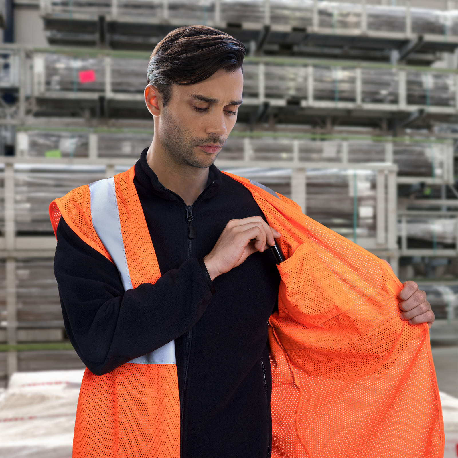 Man in a warehouse wearing the orange high visibility safety vest with one inner chest pocket
