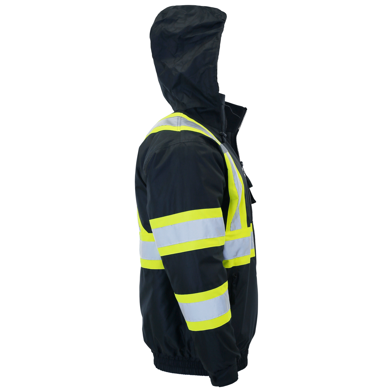 Hi-vis two tone insulated safety bomber jacket with lime reflective stripes and a reflective X on the back 
