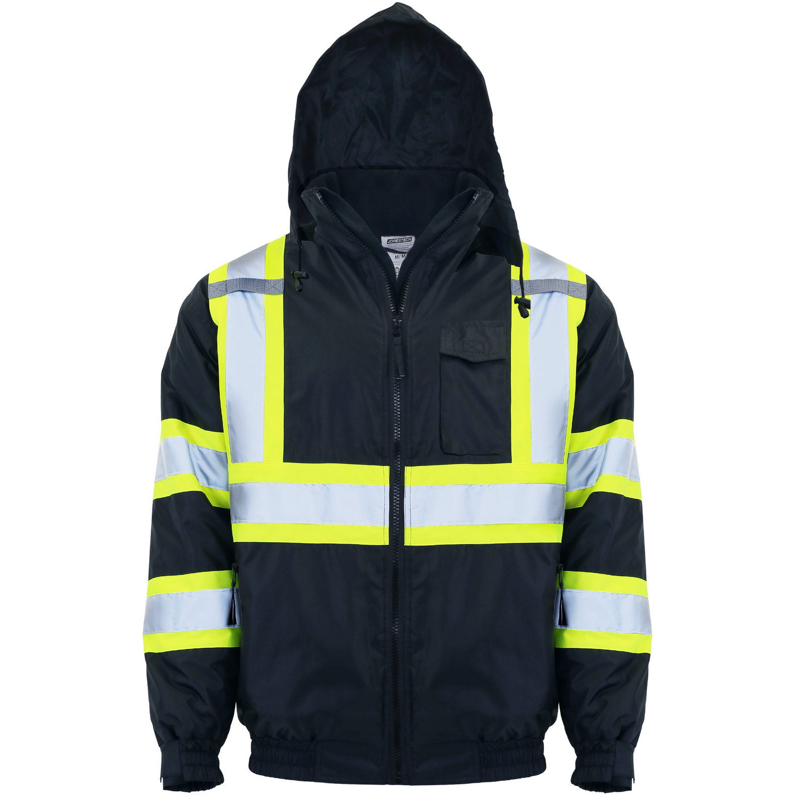 Front view the black JORESTECH Hi-vis two tone safety bomber jacket with lime reflective stripes and a hoodie