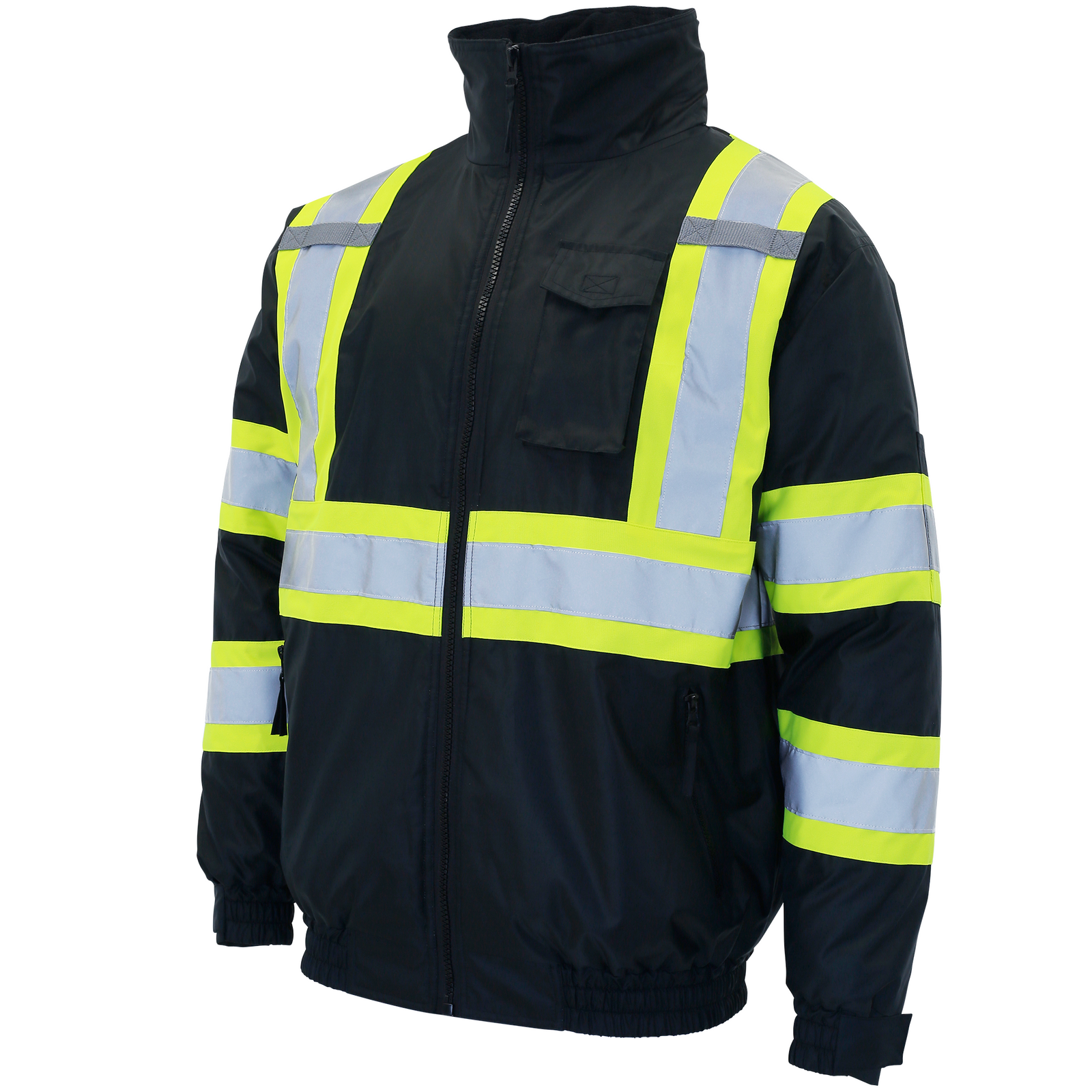 Diagonal view of the back and yellow/lime JORESTECH Hi-vis two tone safety bomber jacket with reflective and contrasting yellow stripes
