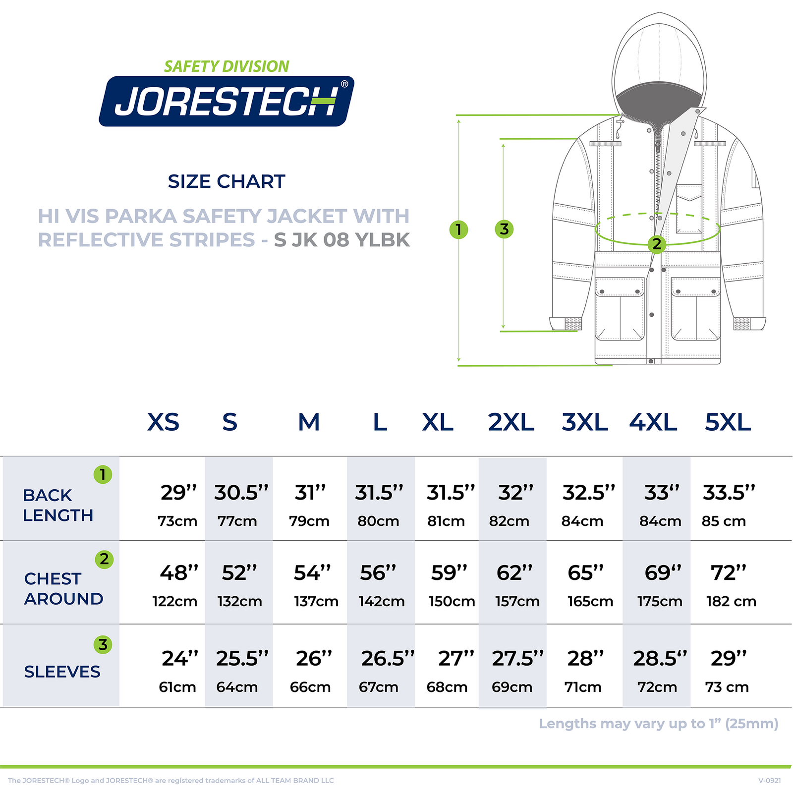 Size chart of the JORESTECH  waterproof safety parka Jacket for winter protection