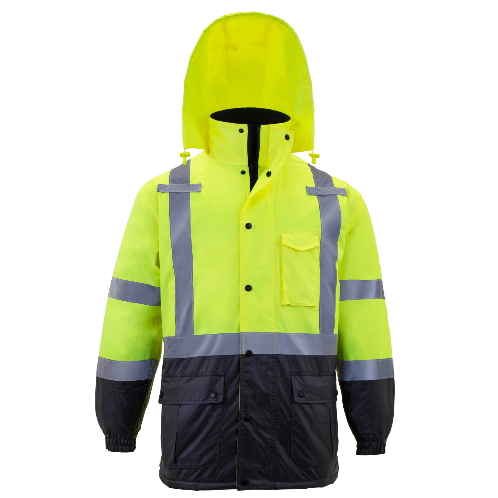 Insulated hi vis yellow parka safety jacket with reflective stripes and hide away adjustable hoodie