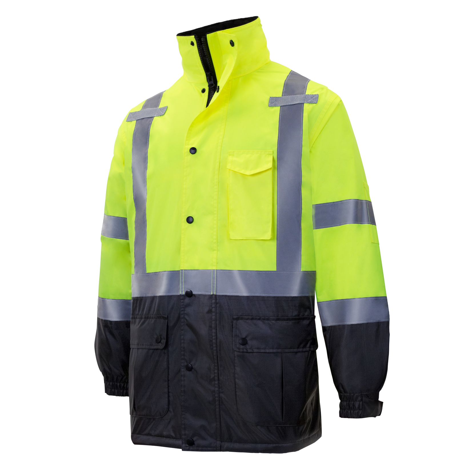 Yellow and black JORESTECH hi-vis parka safety jacket with reflective stripes, radio tabs and pockets ANSI class  3 type R