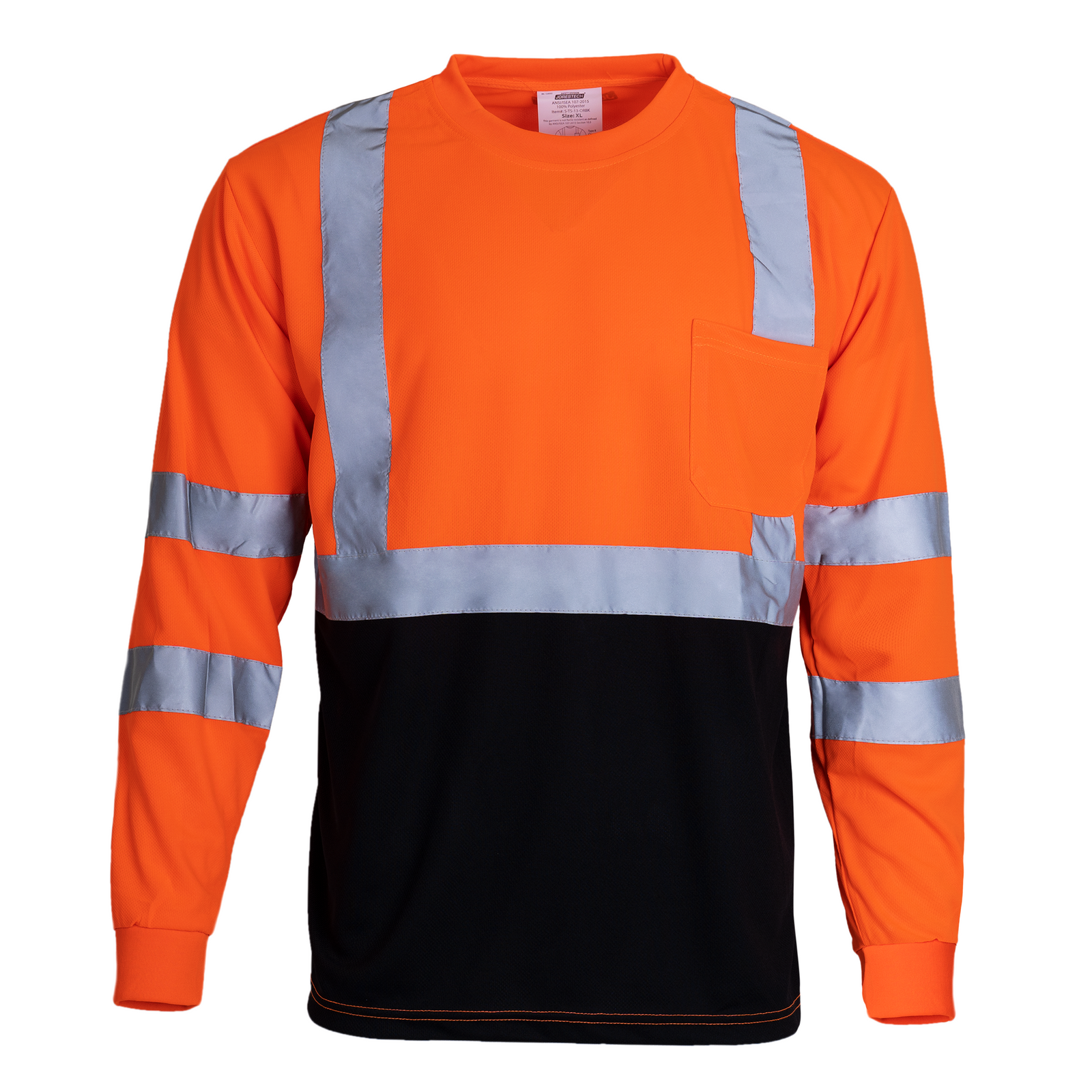 Orange and black hi-vis reflective long sleeve safety sleeve shirt with chest pocket and concealing black breathable fabric