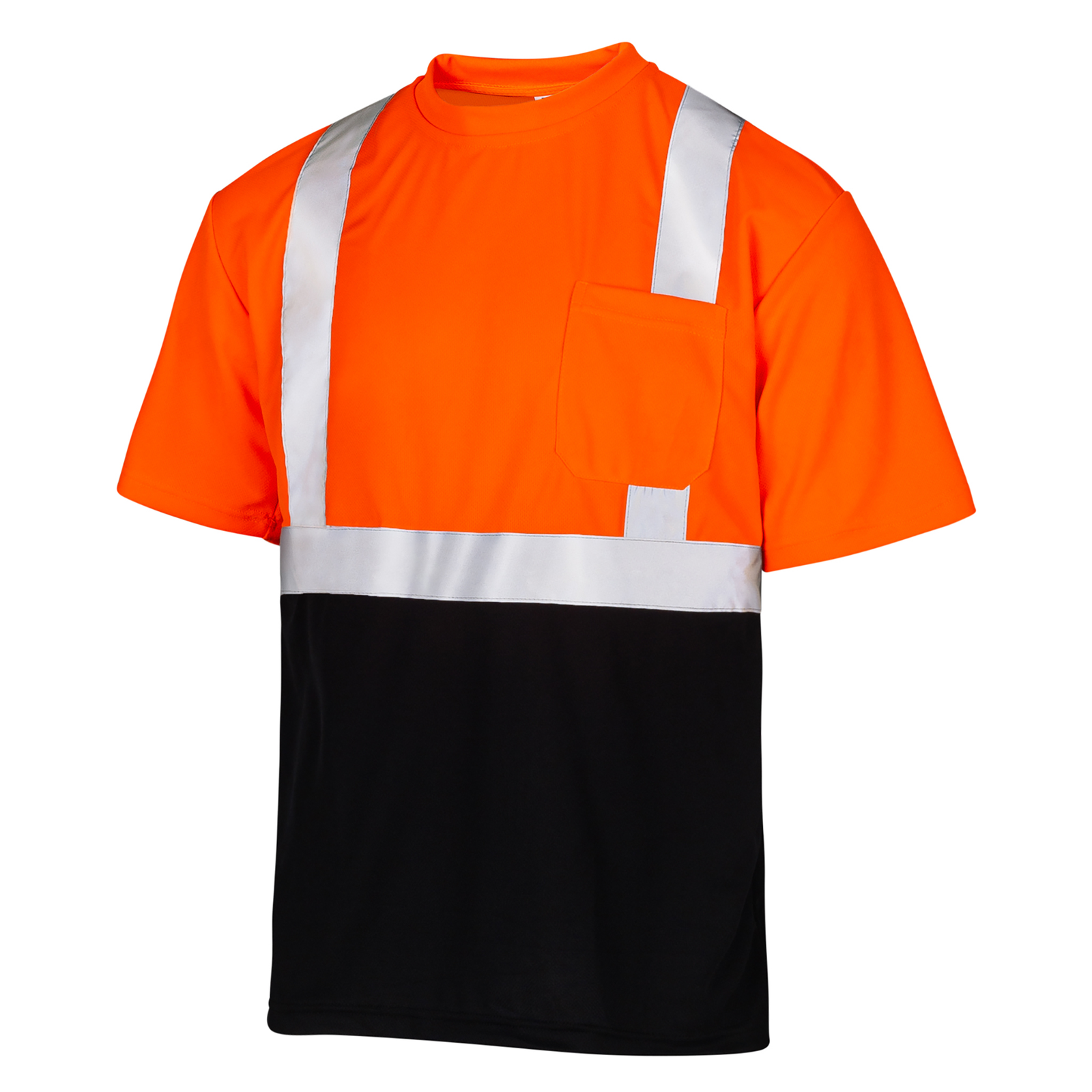 Orange an black safety shirt with reflective stripes and one chest pocket