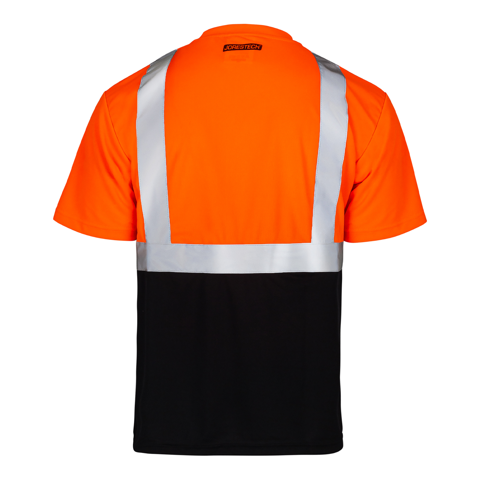 Back of the orange and black JORESTECH safety shirt with reflective strips 