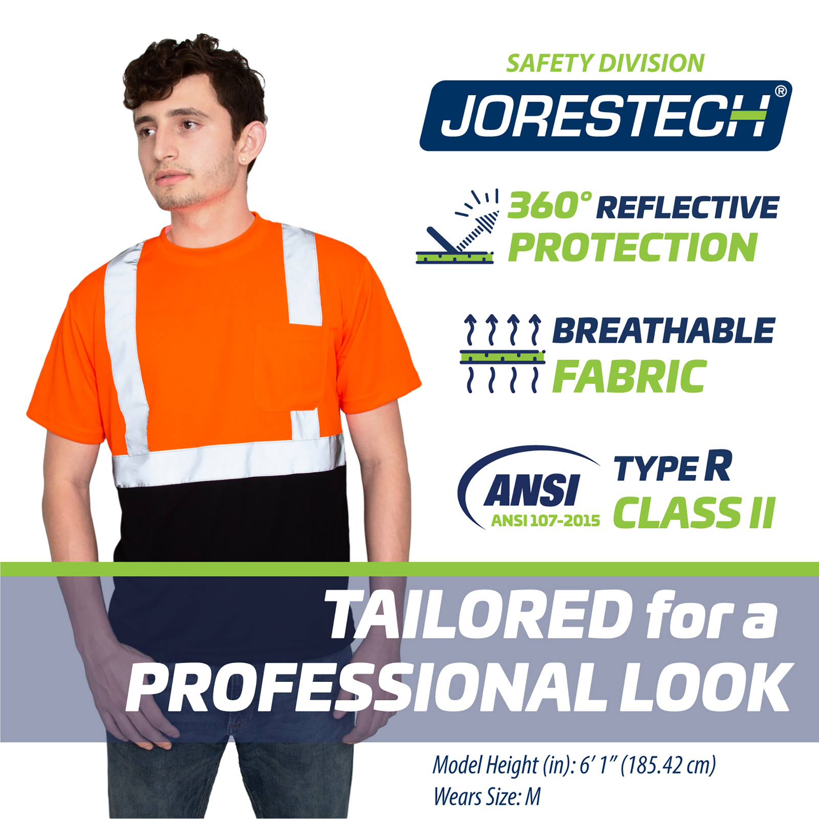 A worker wearing the Jorestech orange/black safety shirt. Icons with text read: 360 degrees of reflective protection. Breathable fabric. Type R class II. Tailored for a professional look.