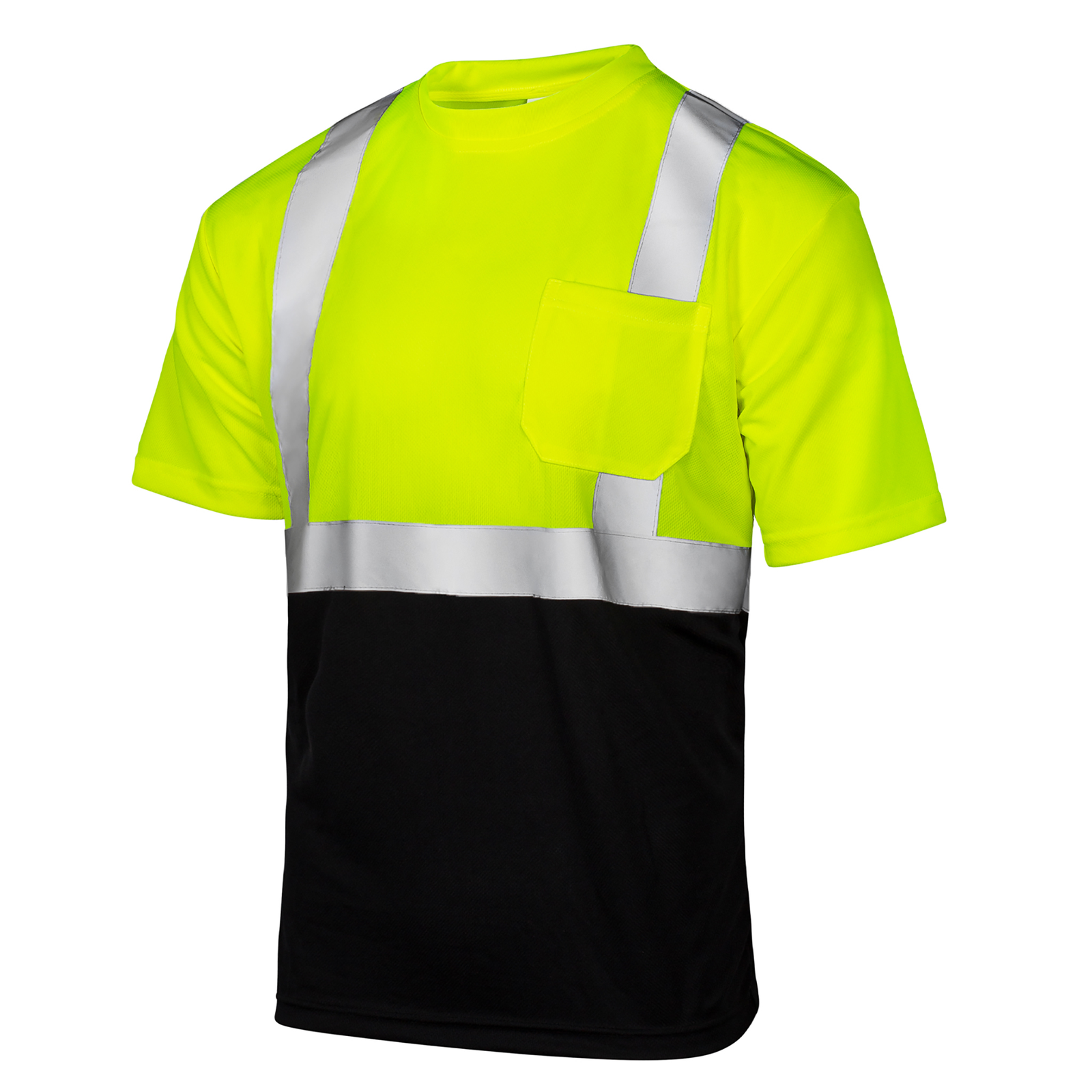 Yellow and black ANSI Class 2 type R safety shirt with reflective strips 