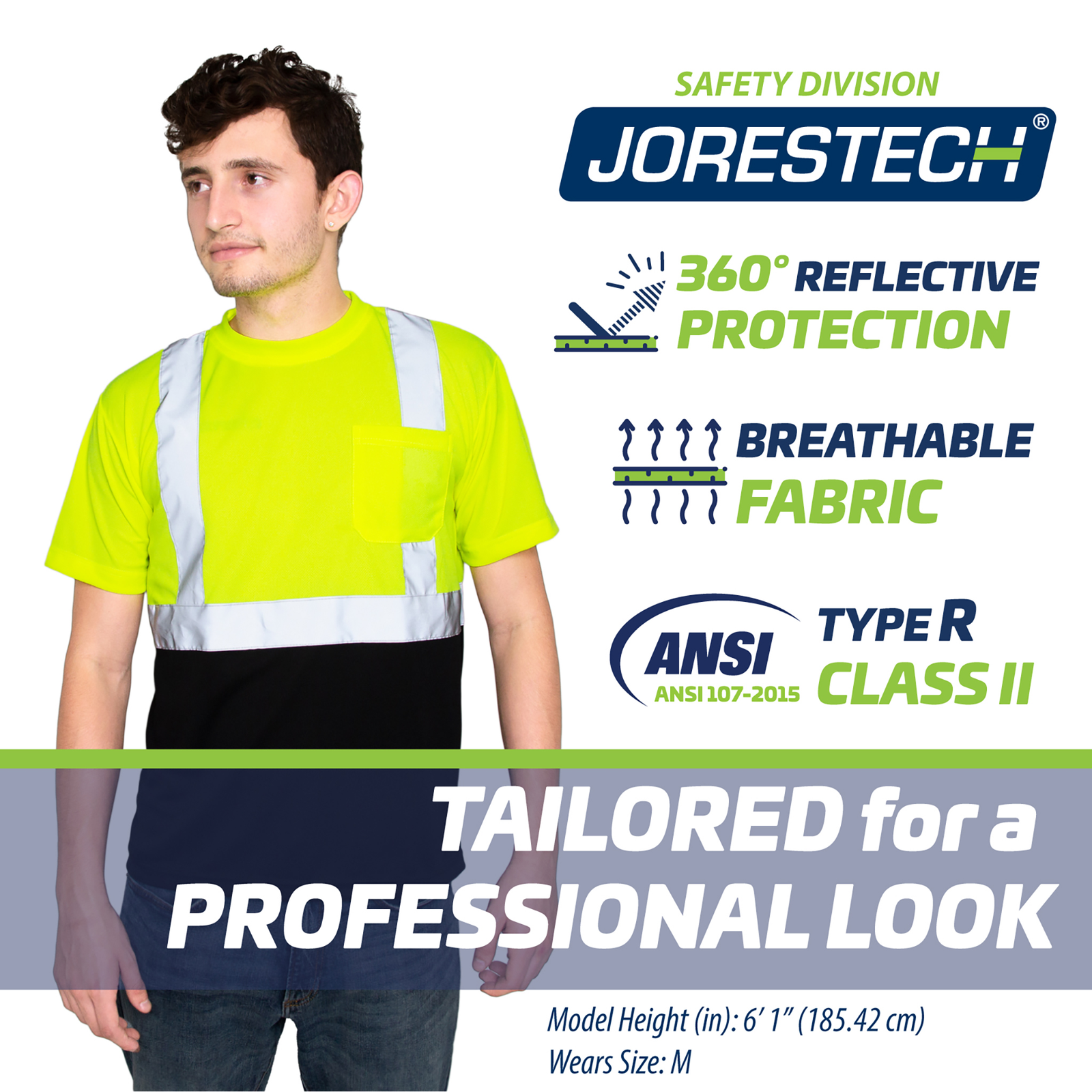 A worker wearing the Jorestech yellow/black safety shirt. Ions with text read: 360 degrees of reflective protection. Breathable fabric. Type R class II. Tailored for a professional look.