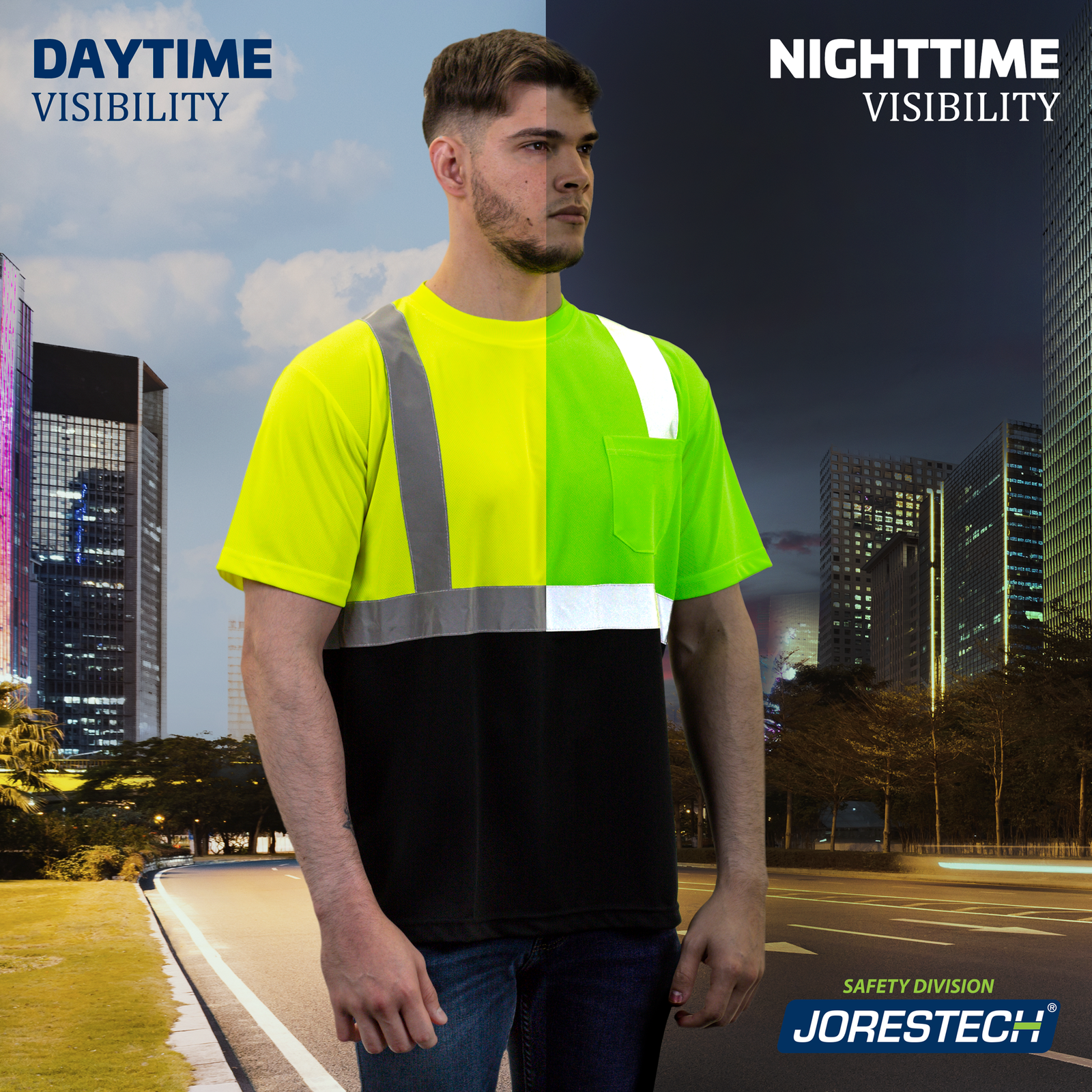 Man wearing a JORESTECH hi-vis dirt concealing safety shirt. Half of the action occurs during day time and the other half during night time to show the effect of the fluorescent and the reflective materials.