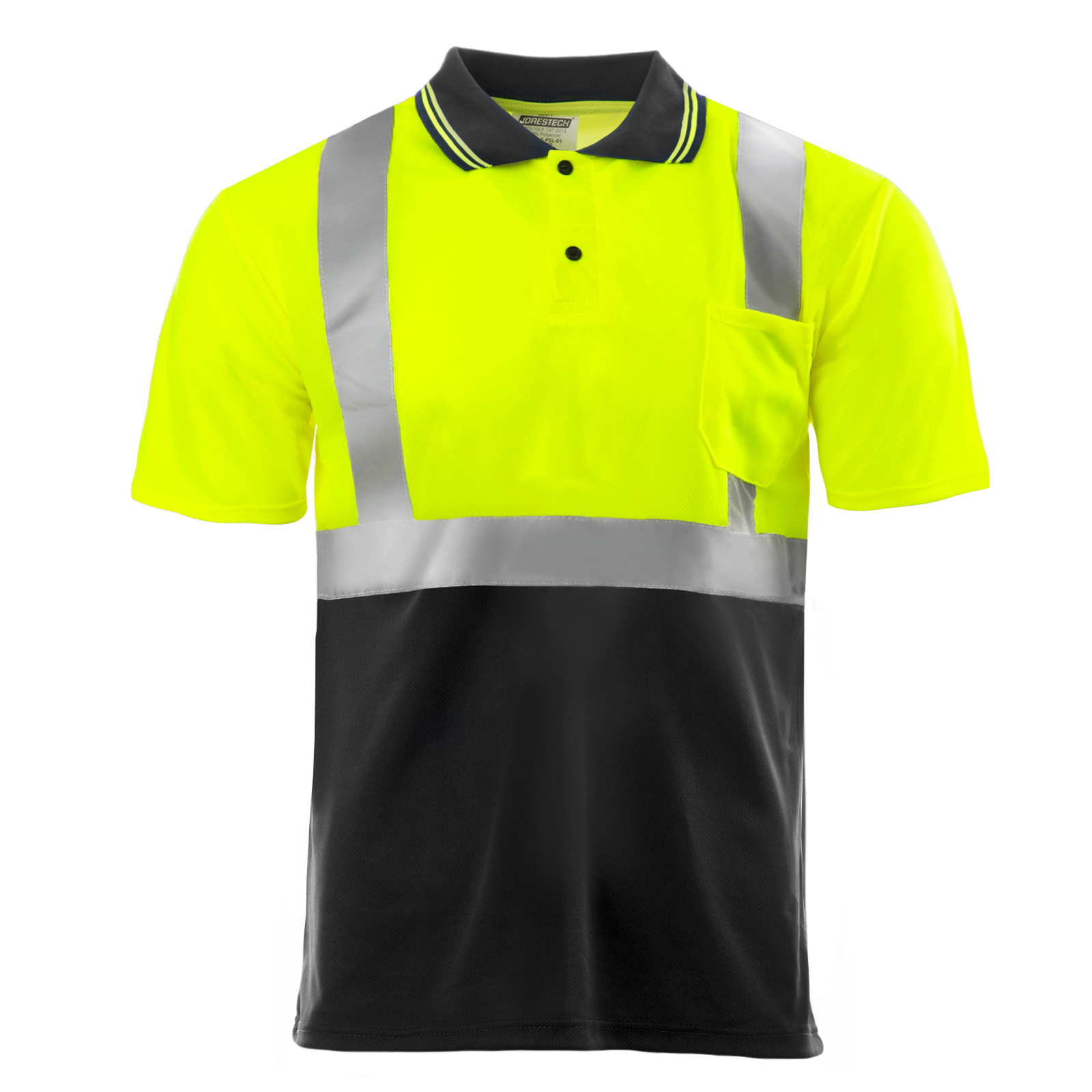 High vis yellow and black reflective safety polo shirt. The shirt is short sleeve, has a black collar and 2 buttons.
