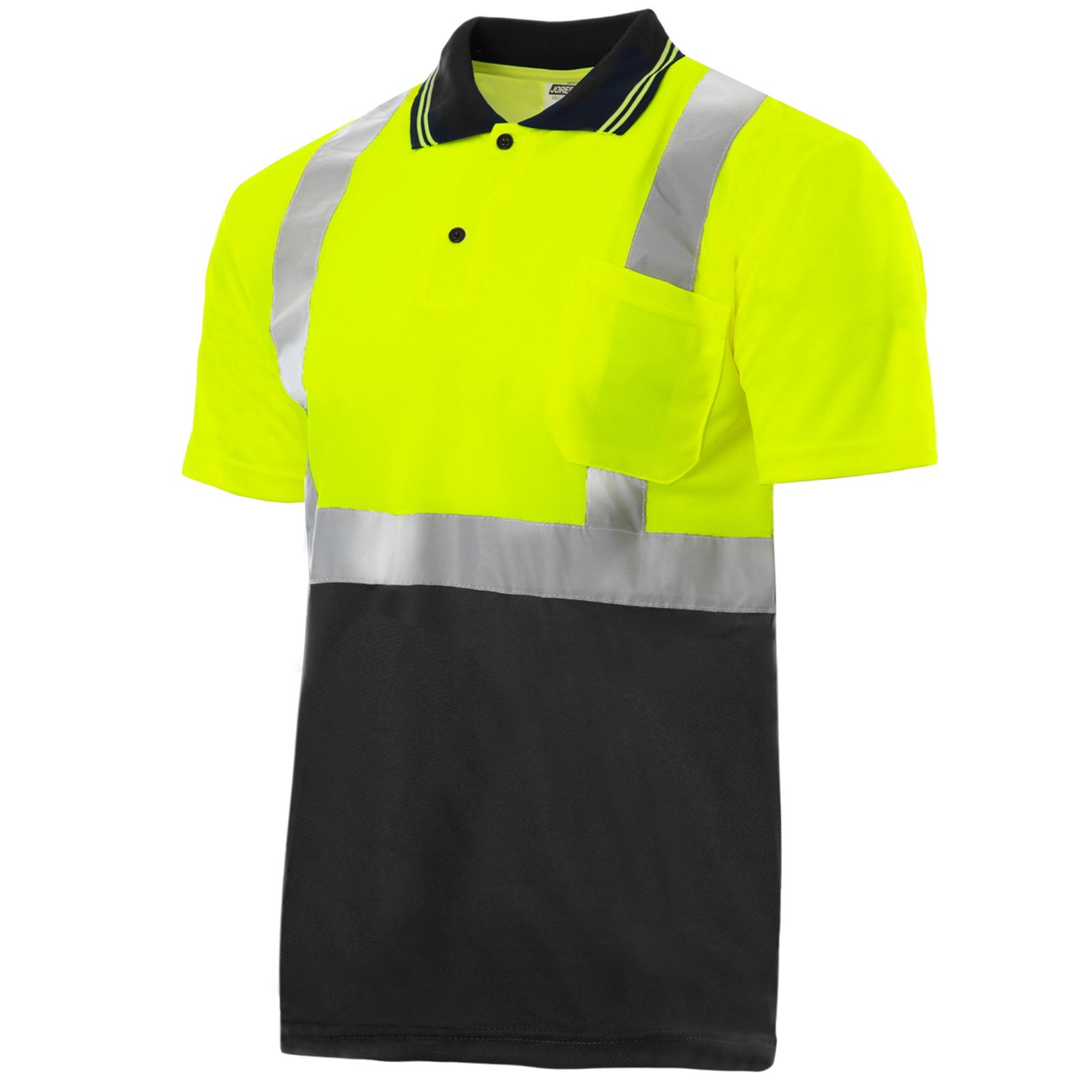 Hi vis yellow and black reflective safety polo shirt. Short sleeve safety polo shirt with black collar, 2 buttons. and chest pocket
