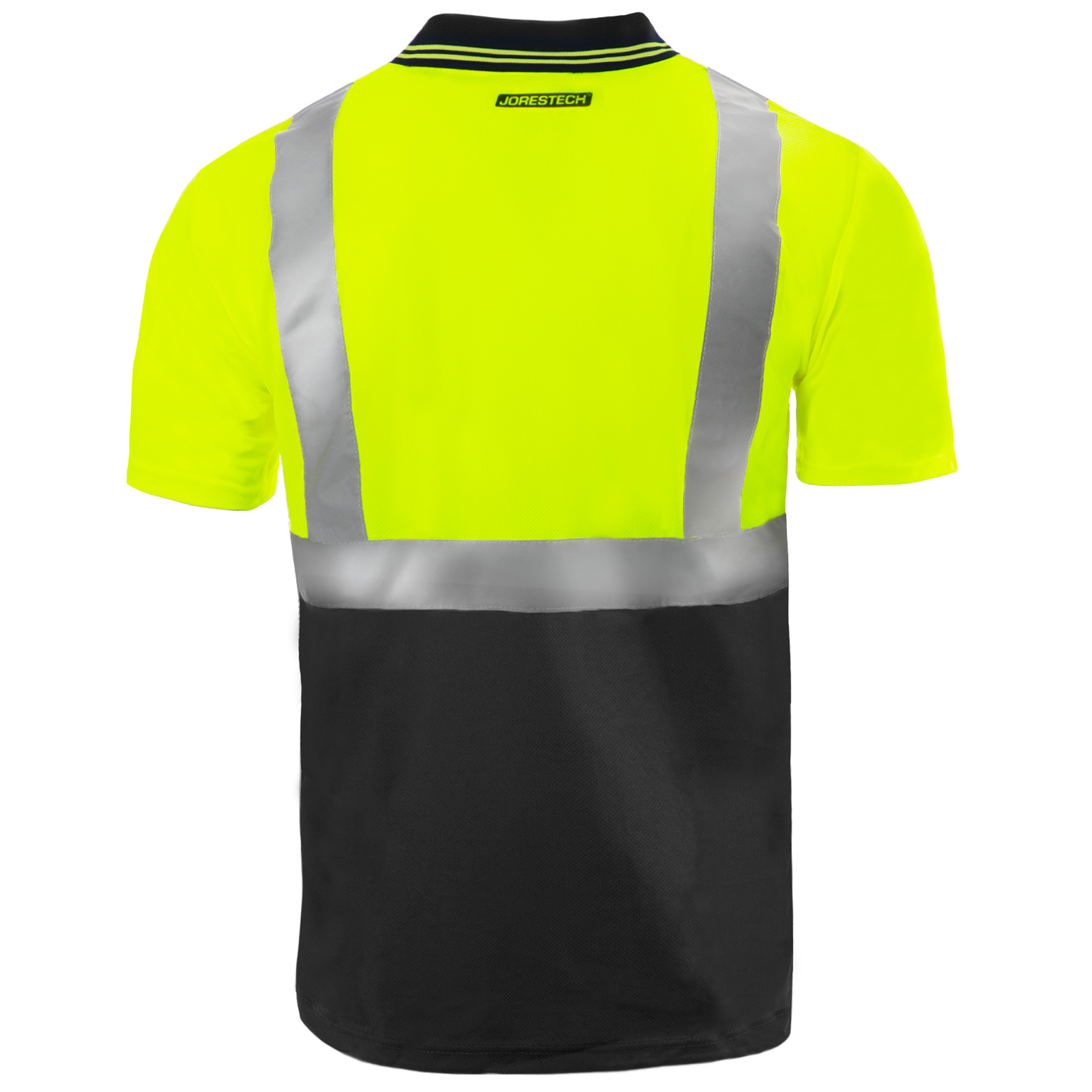 Back view of a Hi-vis yellow and black reflective safety polo shirt. The shirt is short sleeve, has a black collar and 2 buttons.