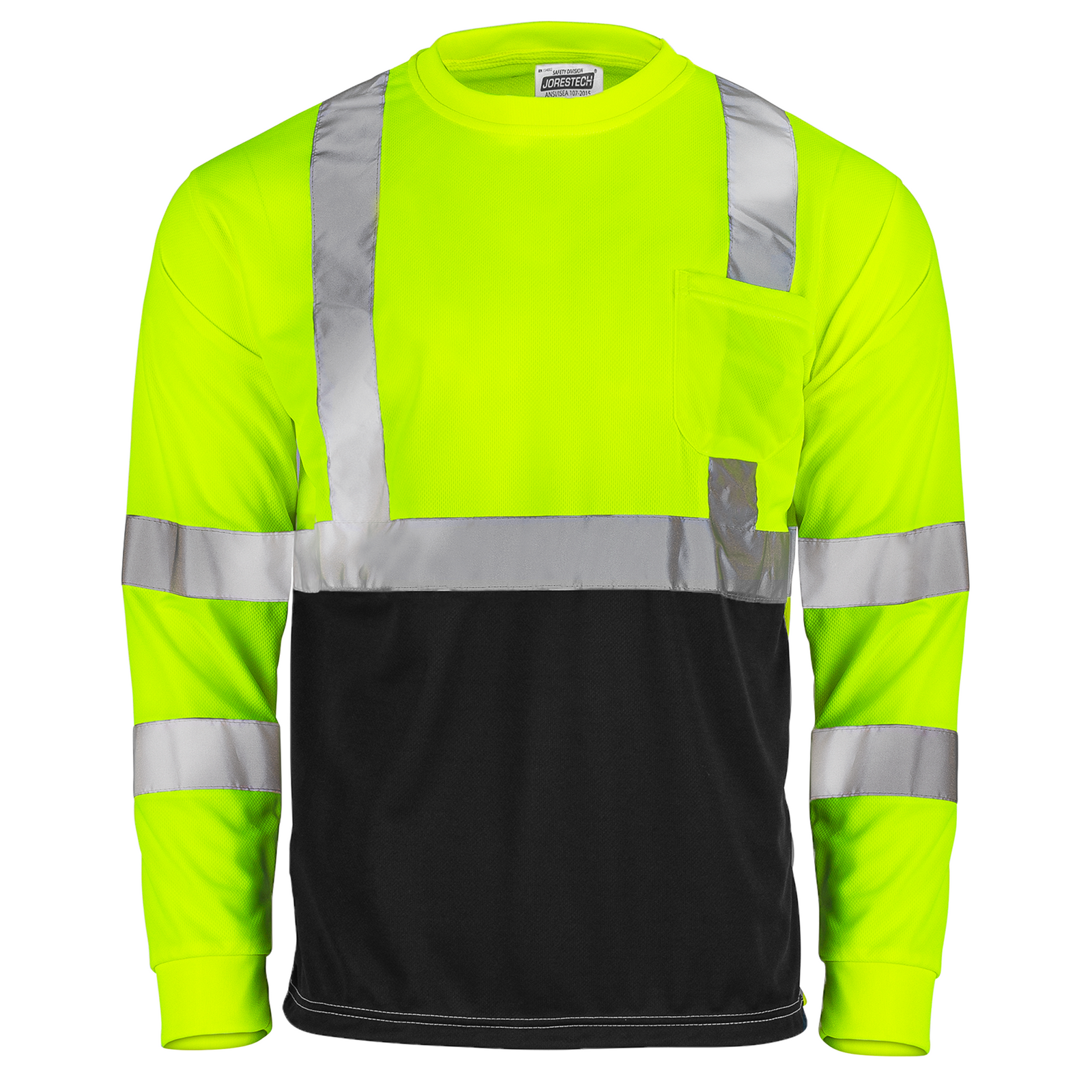 Front view of the yellow black hi-vis reflective long sleeve JORESTECH safety shirt