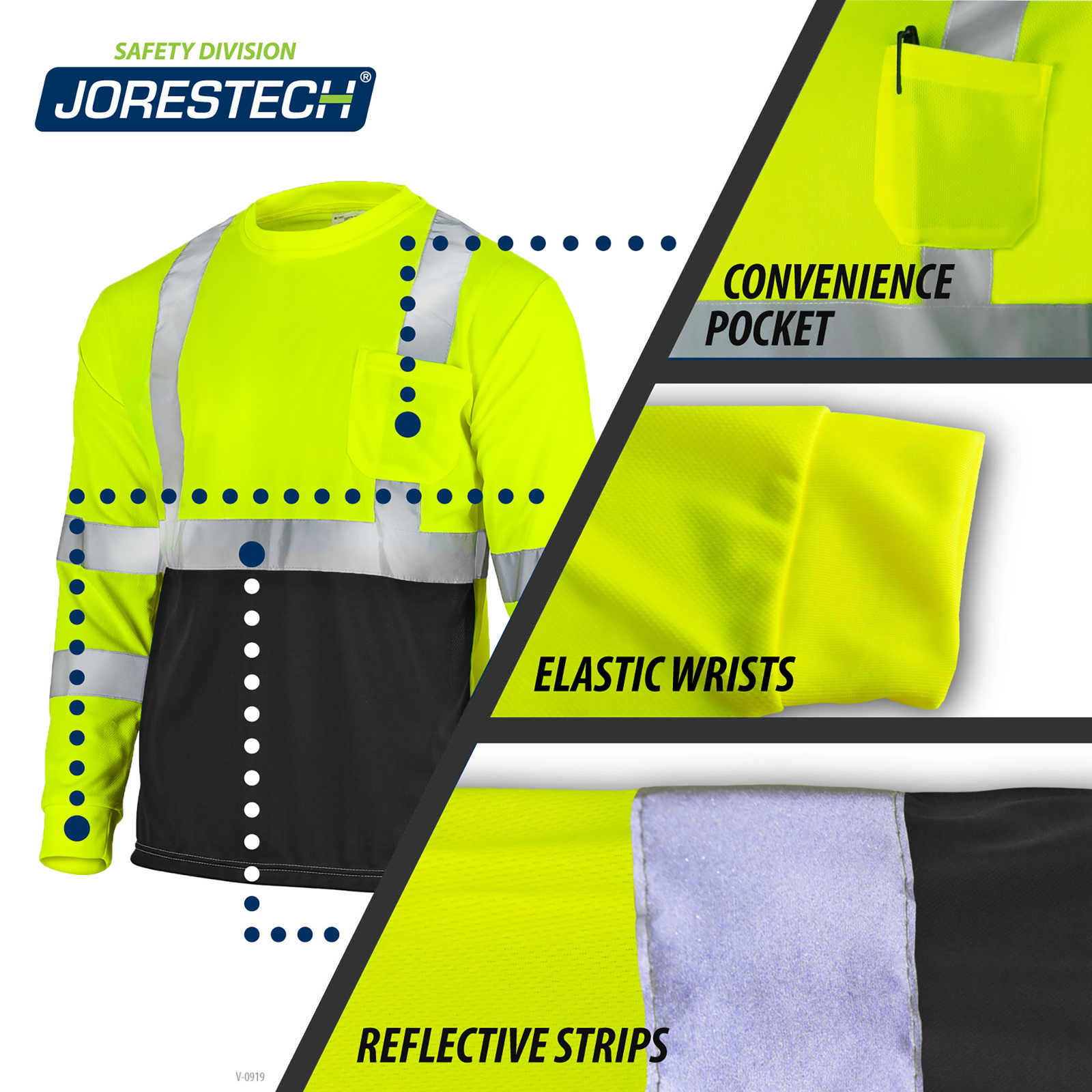 Features the JORESTECH Yellow/Black reflective shirt and 3 call outs that read: refined convenience pockets, elastic wrist, reflective strips.
