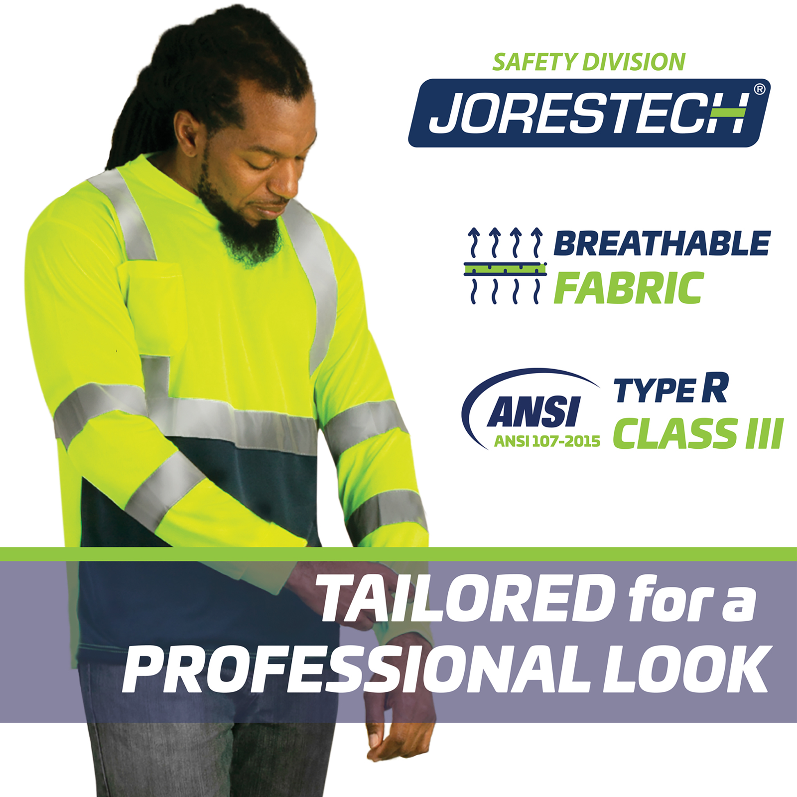 A worker wearing a Yellow/Black JORESTECH safety shirts. Icons with text read: breathable fabric, ANSI type R class III. Tailored for a professional look.