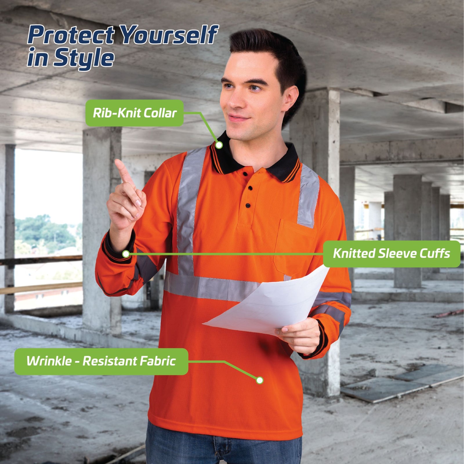Worker wearing personal protection equipment and a long sleeve hi visibility orange safety shirt. Features of shirt read: Protect yourself in style, rib knit collar, knitted sleeve cuffs, wrinkle resistant fabric