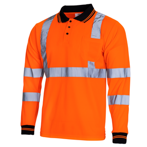 Orange Hi Vis reflective safety long sleeve ANSI compliant polo shirt with birds eye breathable fabric