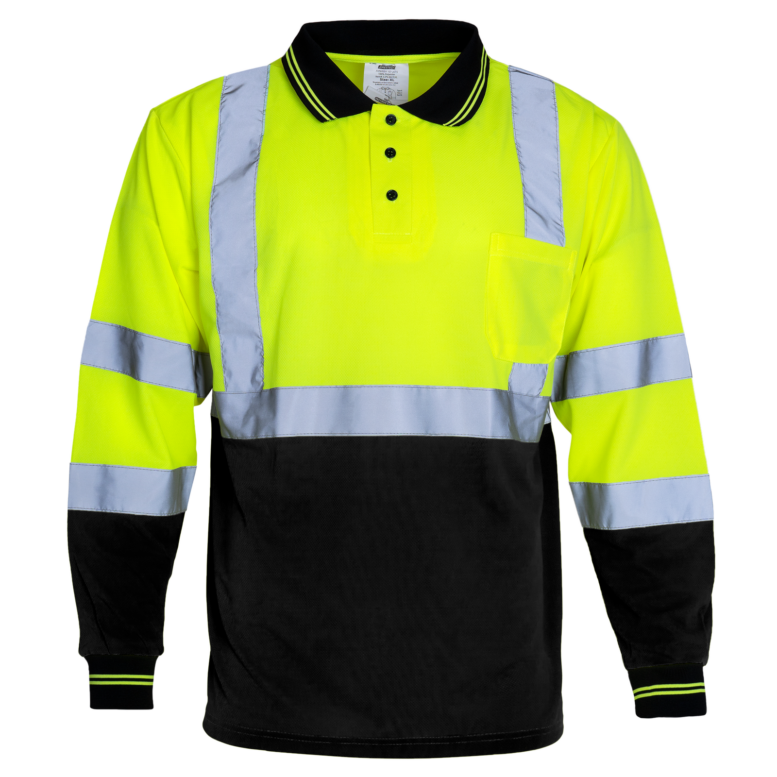 Black and yellow Hi Vis reflective safety long sleeve ANSI compliant polo shirt with dirt concealing fabric