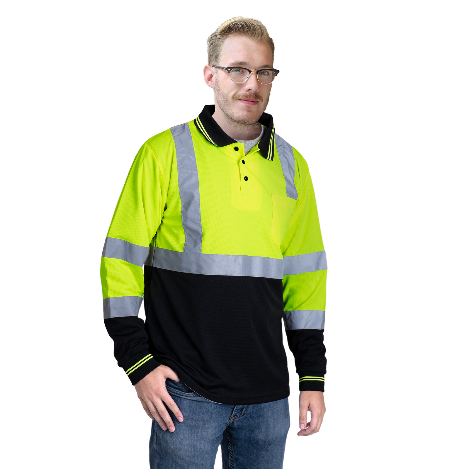 Man wearing the Hi vis reflective safety long sleeve polo shirt with birds eye fabric