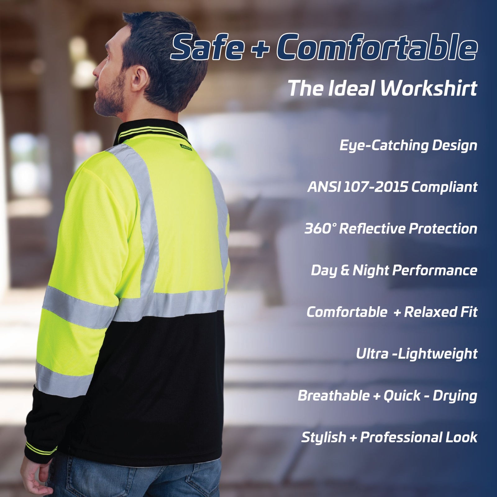 Worker wearing the black Safety long sleeve polo shirt with reflective strips. Text: Safe and comfortable, ideal work shirt, eye catching design, Ansi Isea compliant, 360 reflective protection, day and night performance, relaxed fit shirt, ultra lightweight, breathable, quick drying, stylish professional look