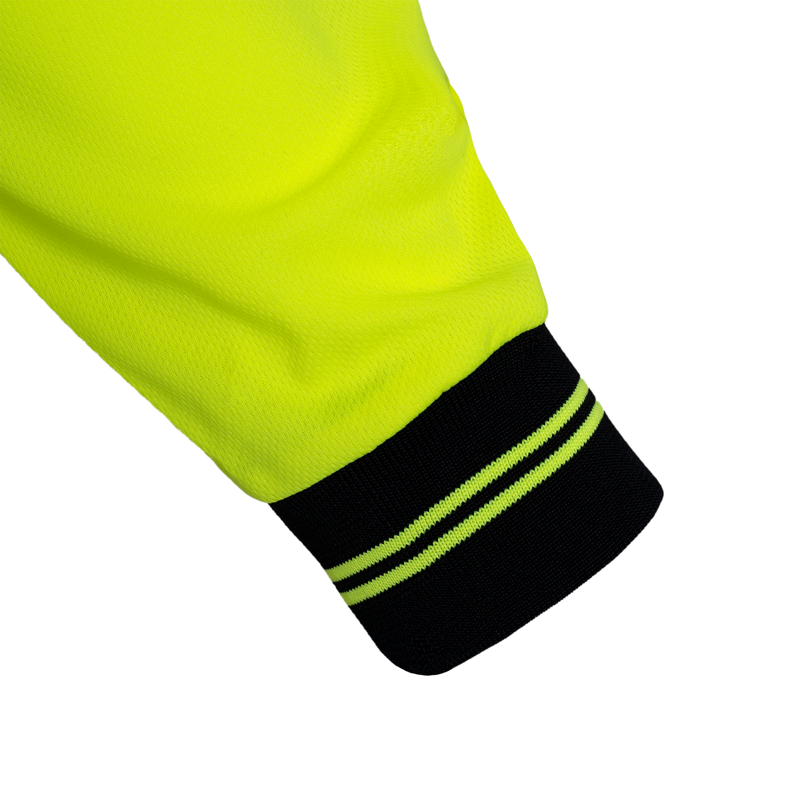 Close up of the sleeve and the knitted cuff on the JORESTECH Yellow long sleeve ANSI reflective Shirt