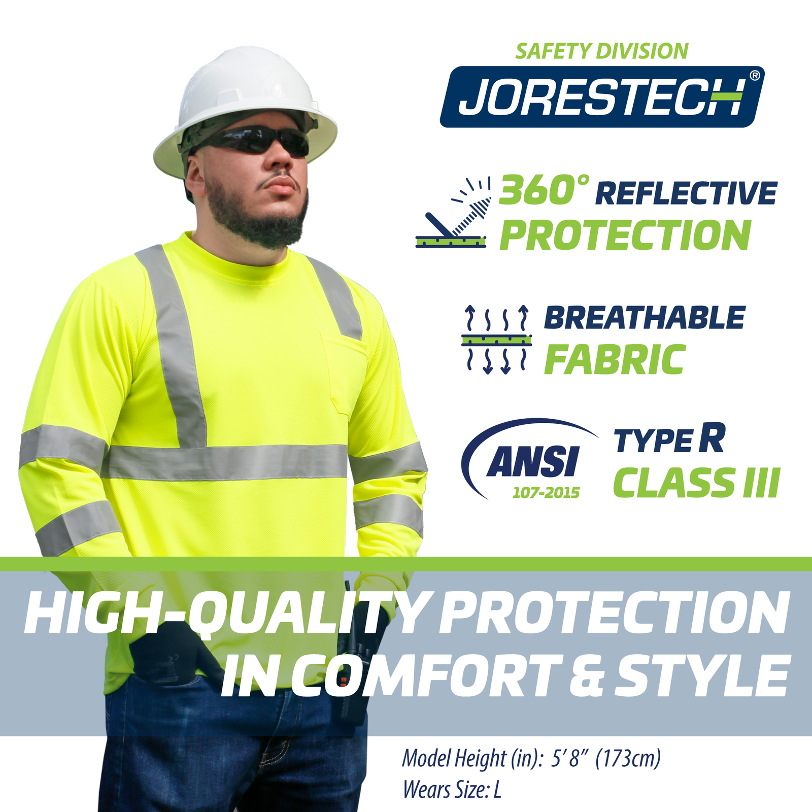 A worker wearing the yellow long sleeve safety shirt with reflective strips and pocket. Icons with text read: 360 degrees reflective protection, breathable fabric,, ANSI type R class 3, high quality protection in comfort and style
