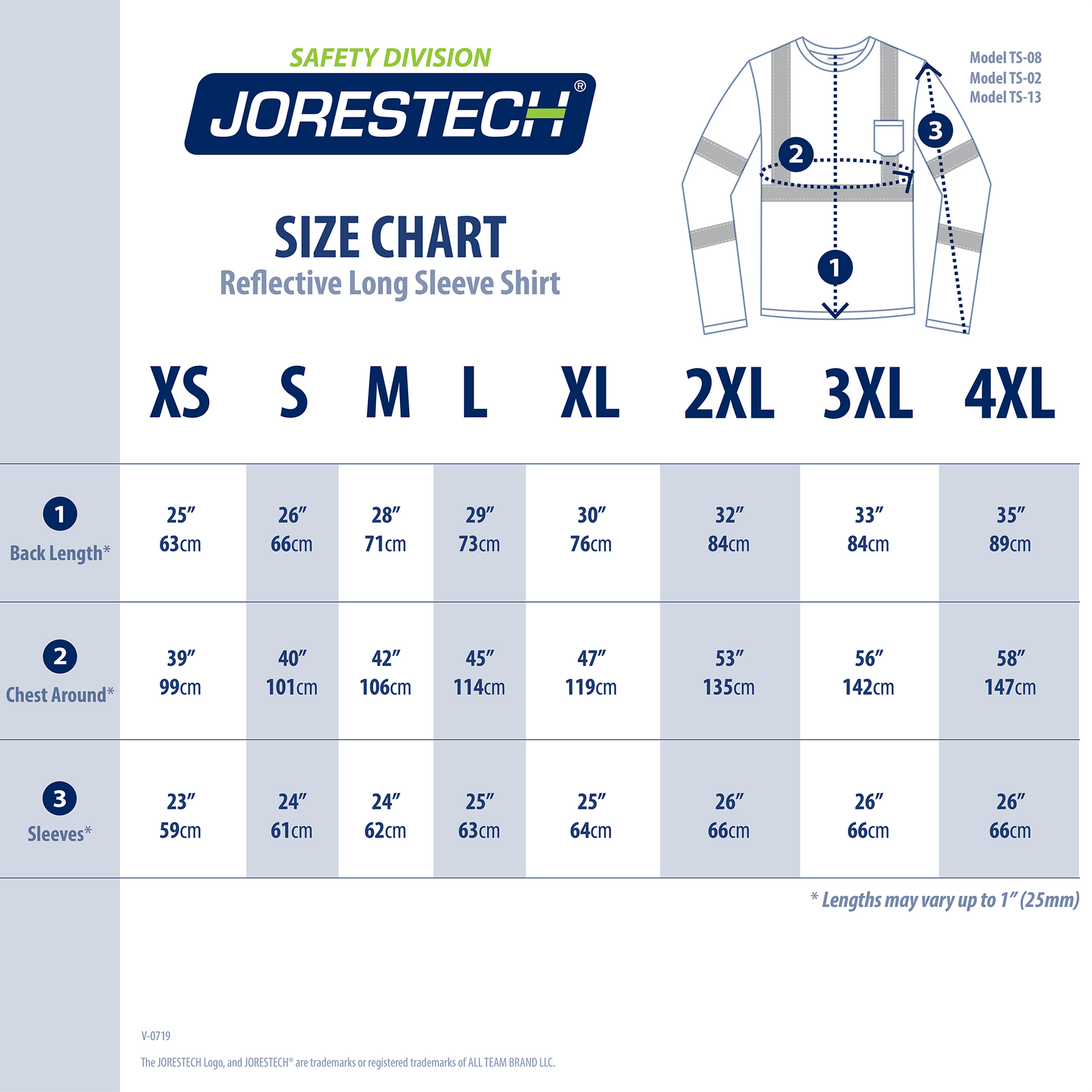 Size chart of the JORESTECH long sleeve safety shirt