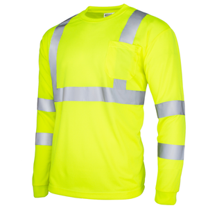 Diagonal view of the yellow hi-vis reflective safety long sleeve shirt, ANSI compliant class 3 type R