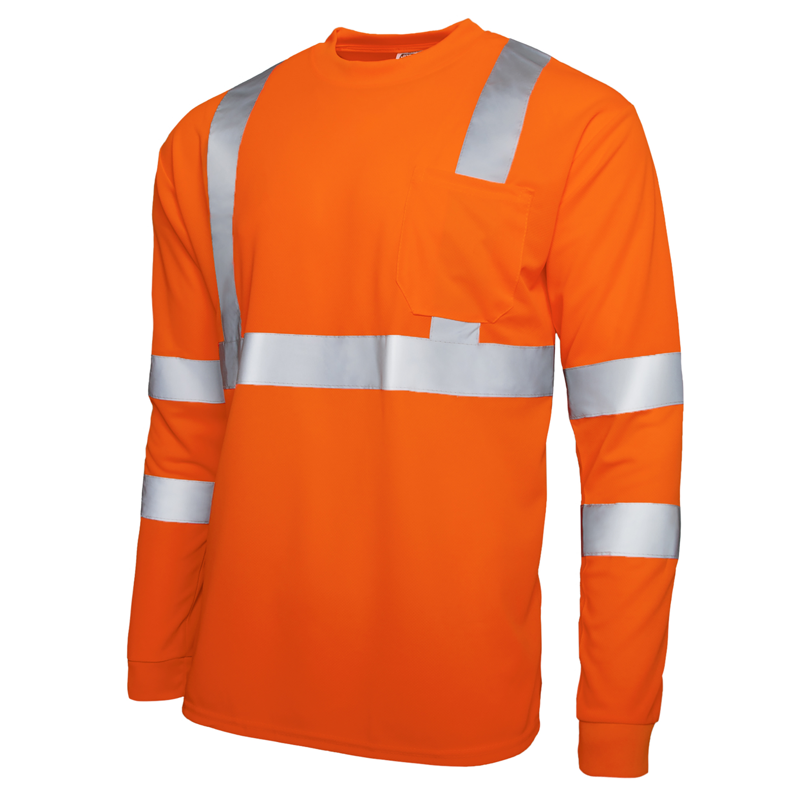 Diagonal view of the orange hi-vis reflective safety long sleeve shirt ANSI compliant class 3 type R