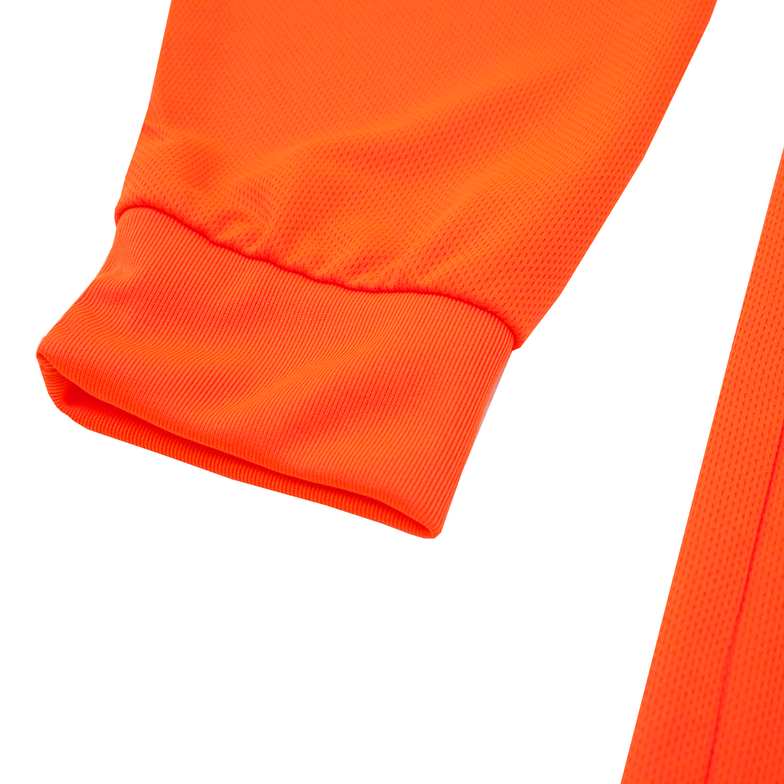 The elastic cuff of an orange long sleeve safety shirt with beathable fabric