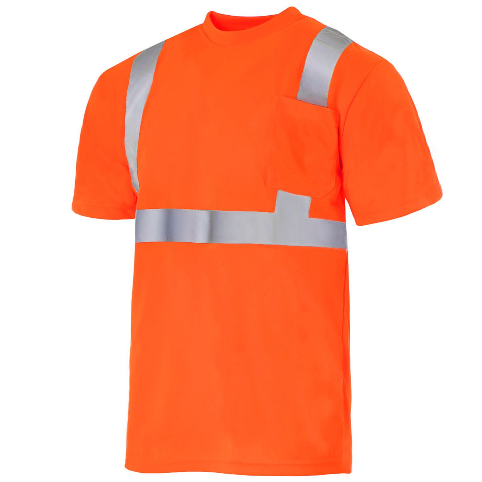 Diagonal view of the orange hi-vis reflective safety shirt with pocket