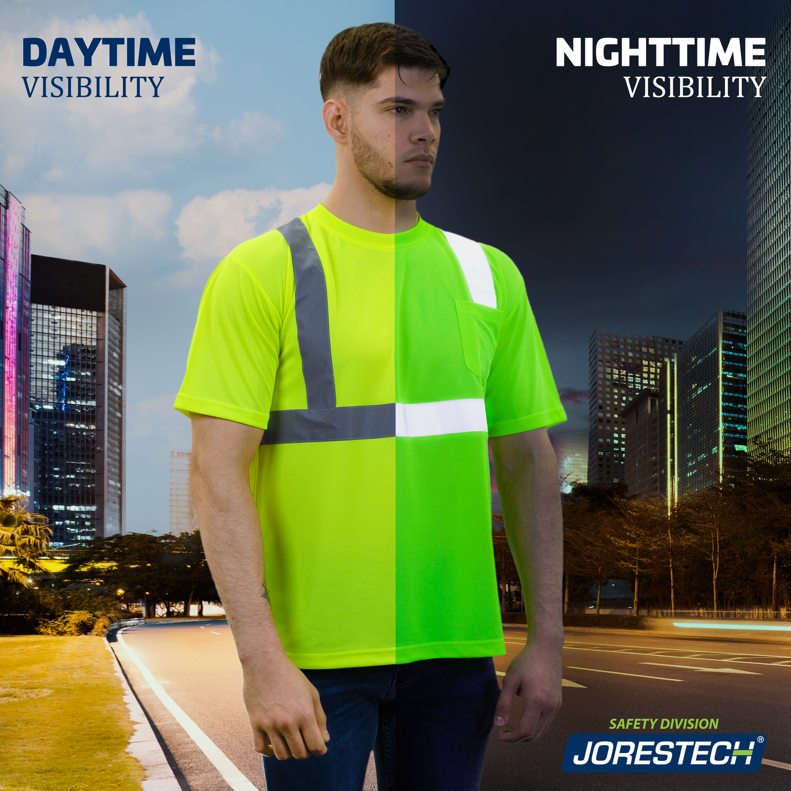 A man standing in the middle of the road while wearing a JORESTECH High Visibility yellow safety shirt. It shows how the reflective and fluorescent material looks during day and night time.