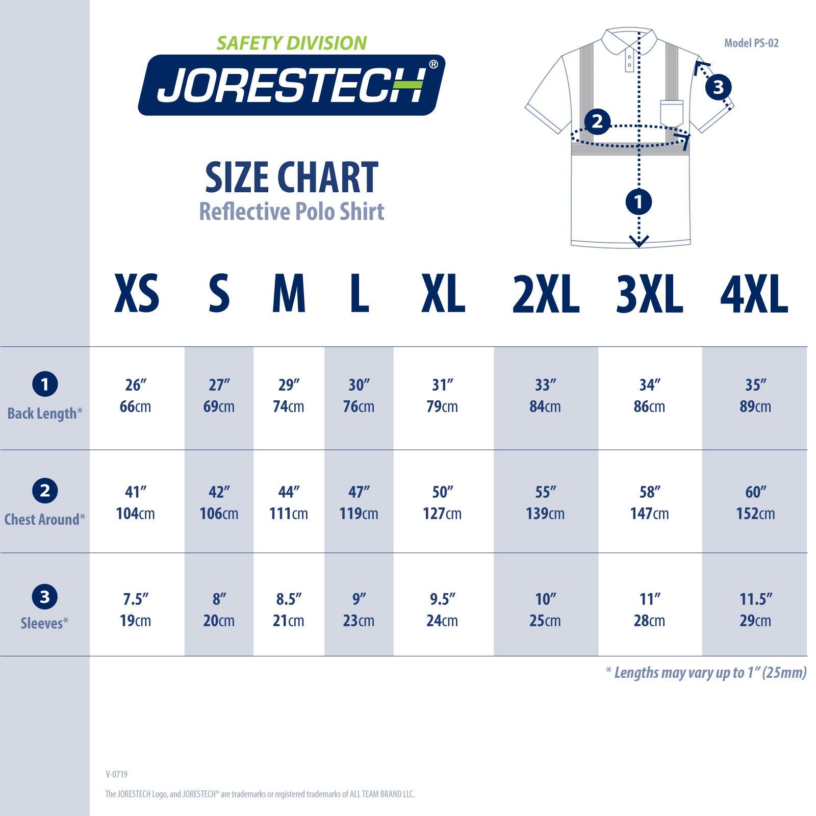 Size chart for the JORESTECH hi vis Polo Shirt