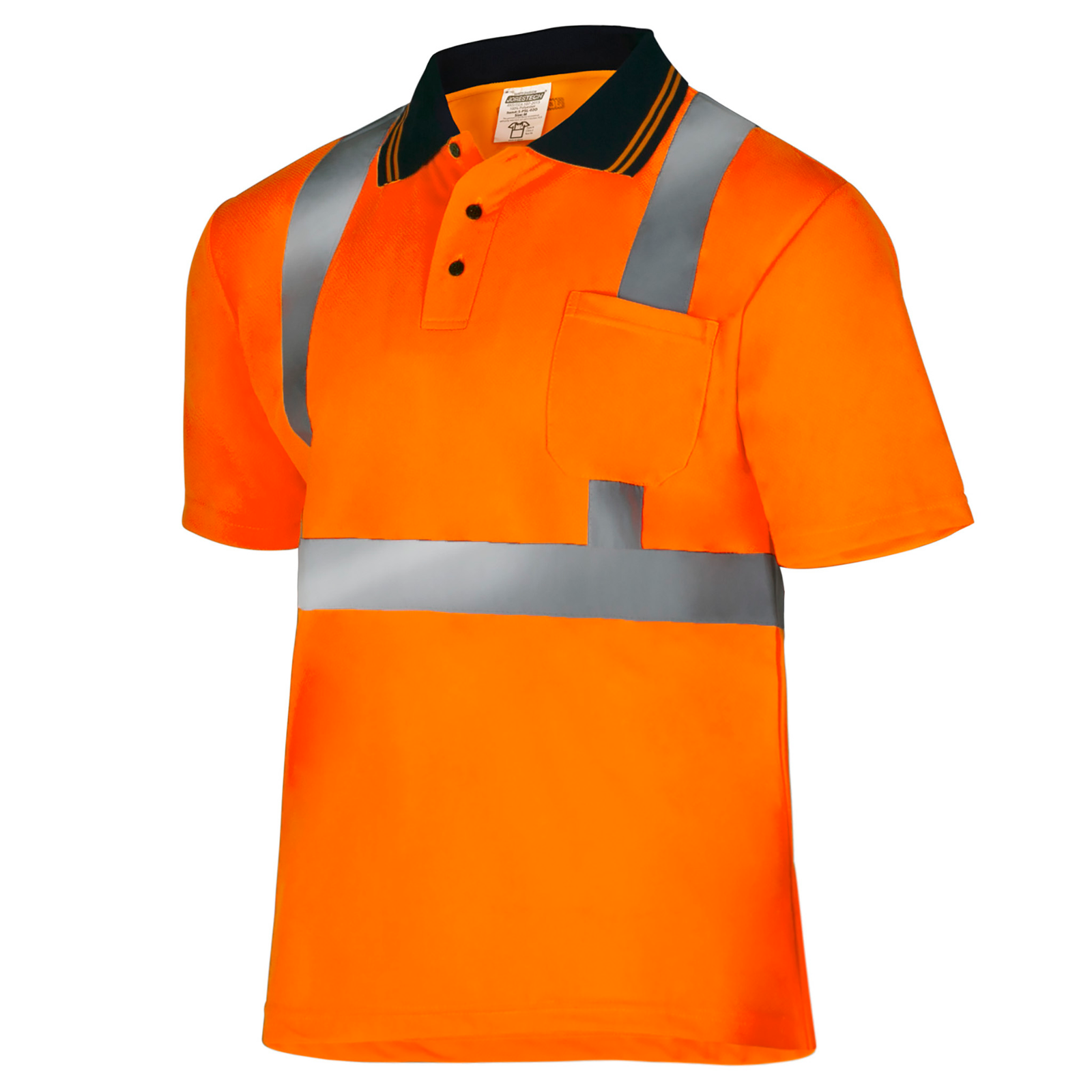 Diagonal view of a Hi-vis orange reflective safety polo shirt. The shirt is short sleeve, has a polo collar and 2 buttons ANSI compliant class 2 type R.