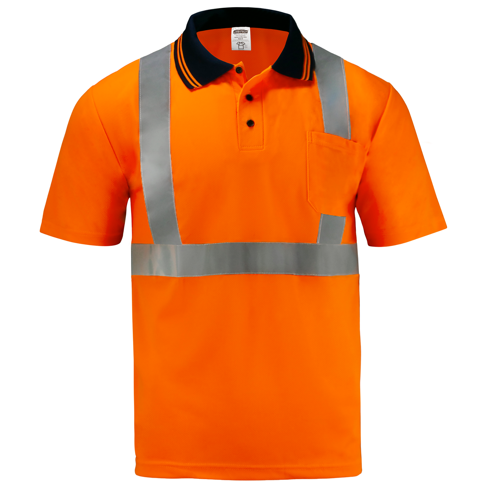 Front view of a Hi-vis orange reflective safety polo shirt. The shirt is short sleeve, has a polo collar and 2 buttons.