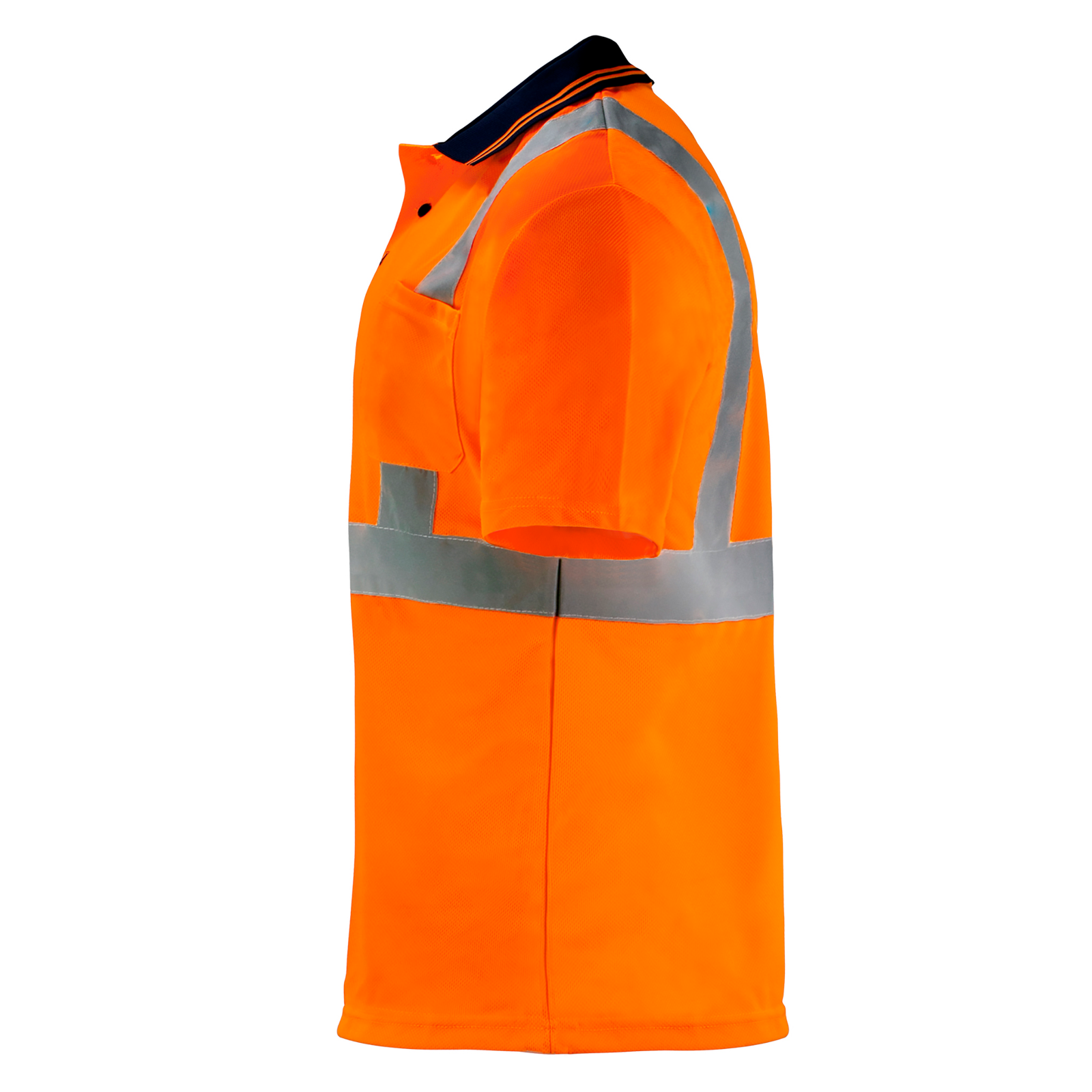High visibility orange reflective safety polo shirt. The shirt is short sleeve, has a polo collar and 2 buttons.