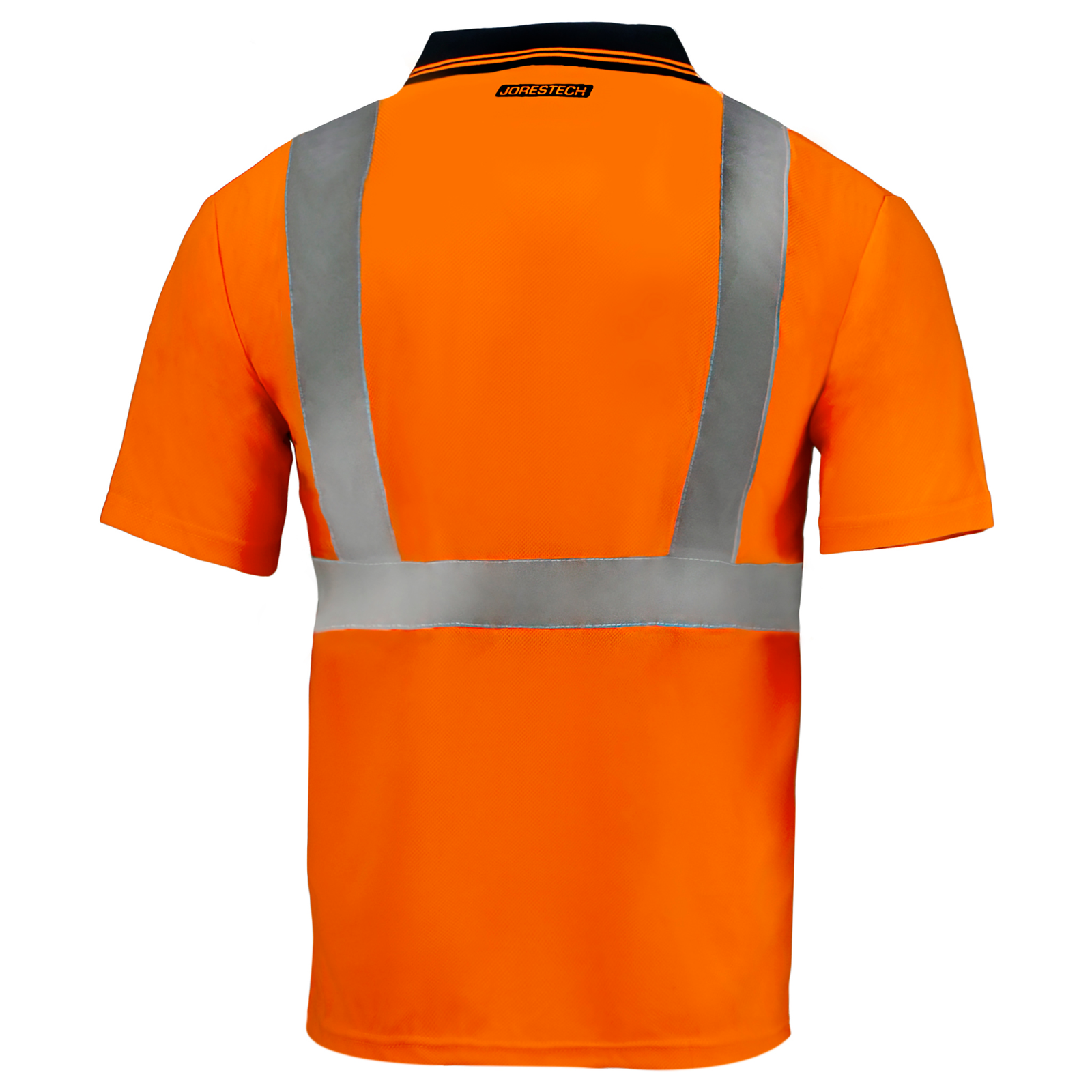 Back view of a Hi-vis orange reflective safety polo shirt class 2 type R. The shirt is short sleeve, has a polo collar
