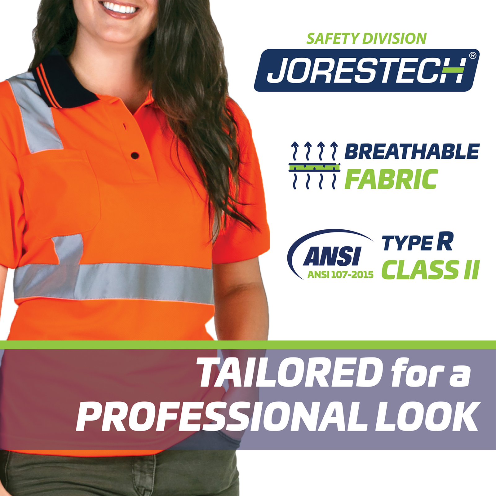A lady wearing the orange safety polo shirt. Icons with text reads: Breathable fabric, ANSI compliance Type R, class II. Tailored for a professional look.