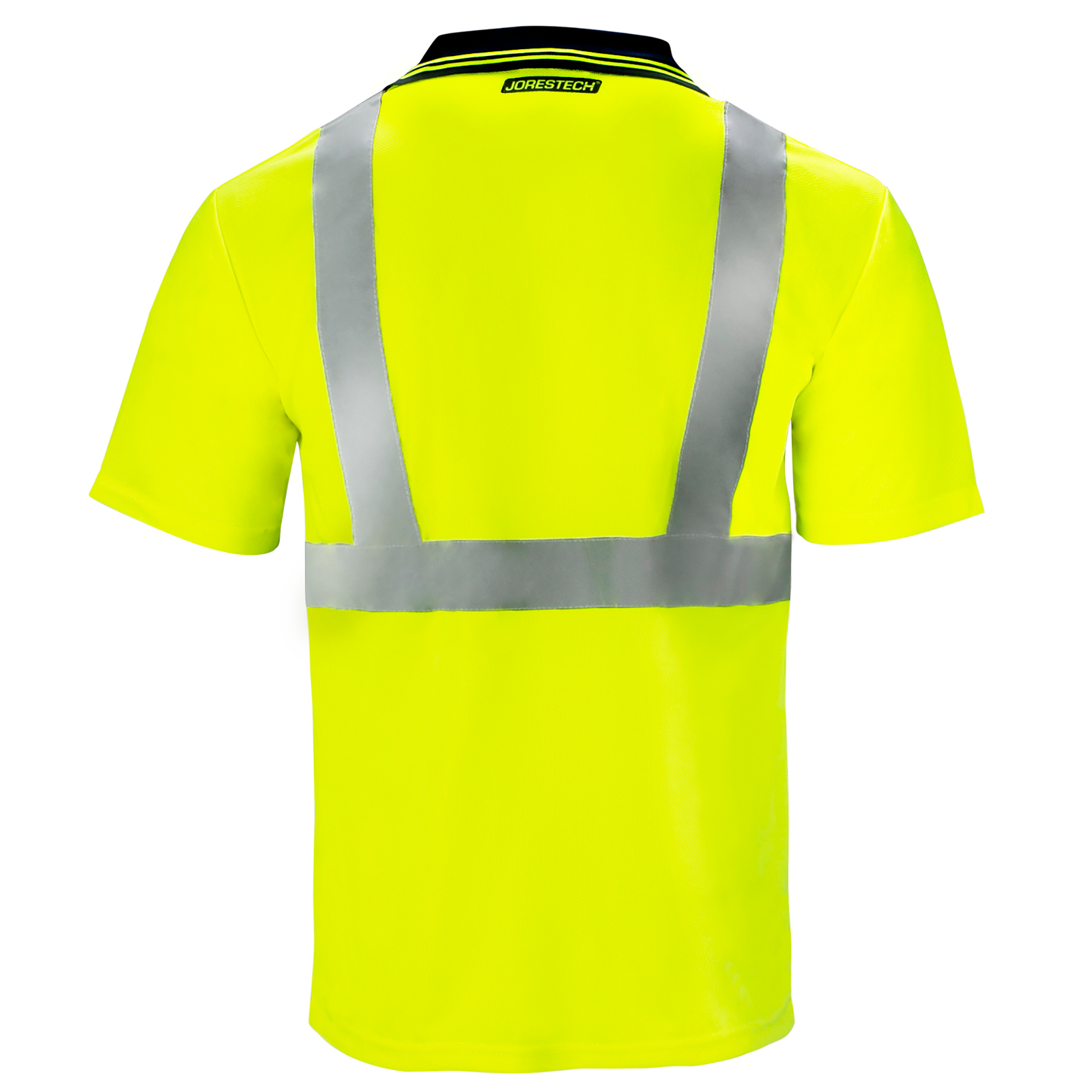 Back view of a yellow reflective safety polo shirt. Safety polo shirt is short sleeve