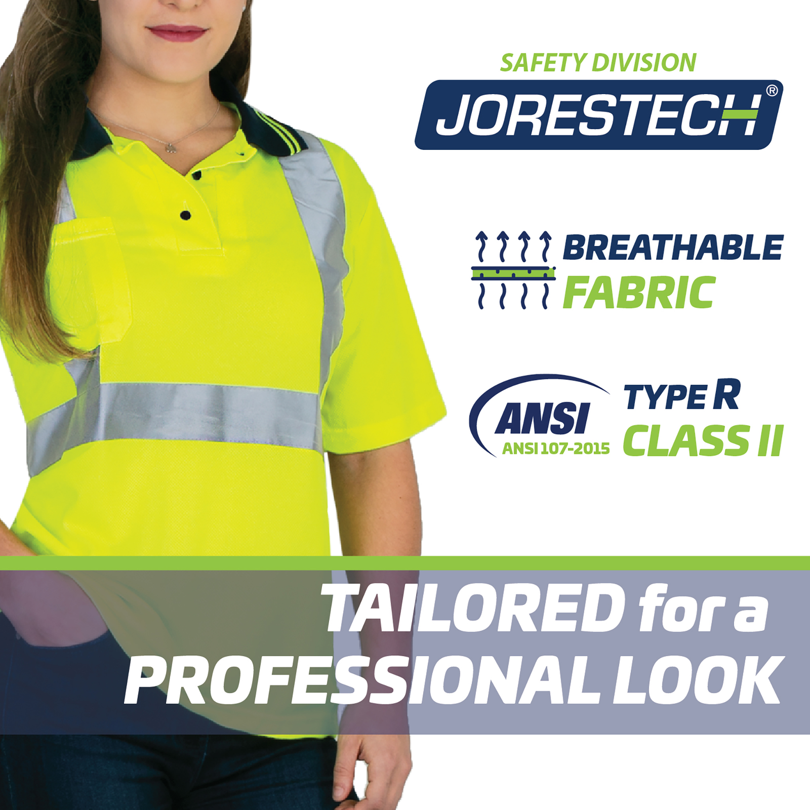 A lady wearing the lime safety polo shirt. Information on the picture reads: Breathable fabric, ANSI compliance Type R, class II. Tailored for a professional look.