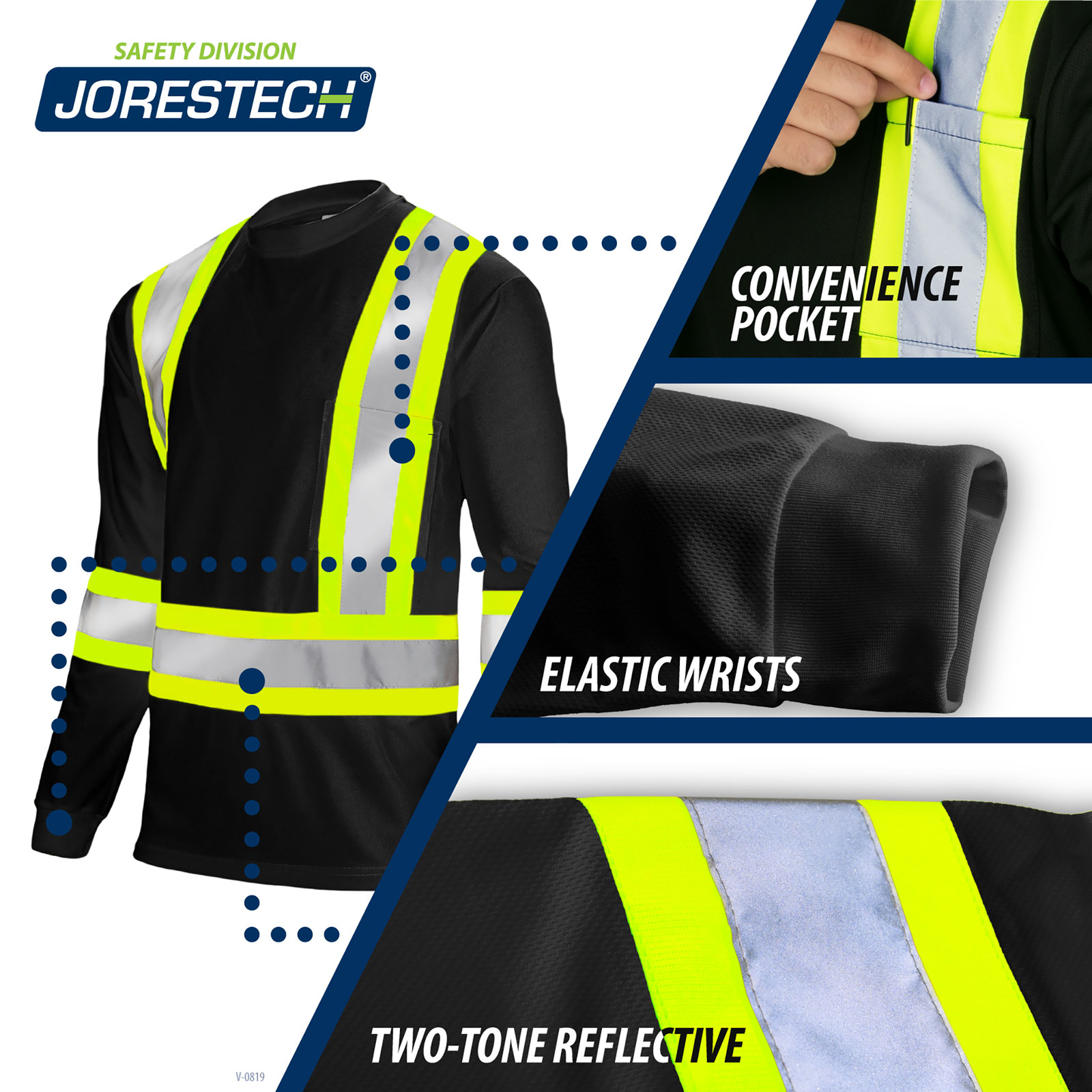 The JORESTECH HI-Vis safety shirt is shown plus close ups of the pocket, the sleeve cuff and the two tone reflective strips that read: Convenience chest pocket, two tone reflective