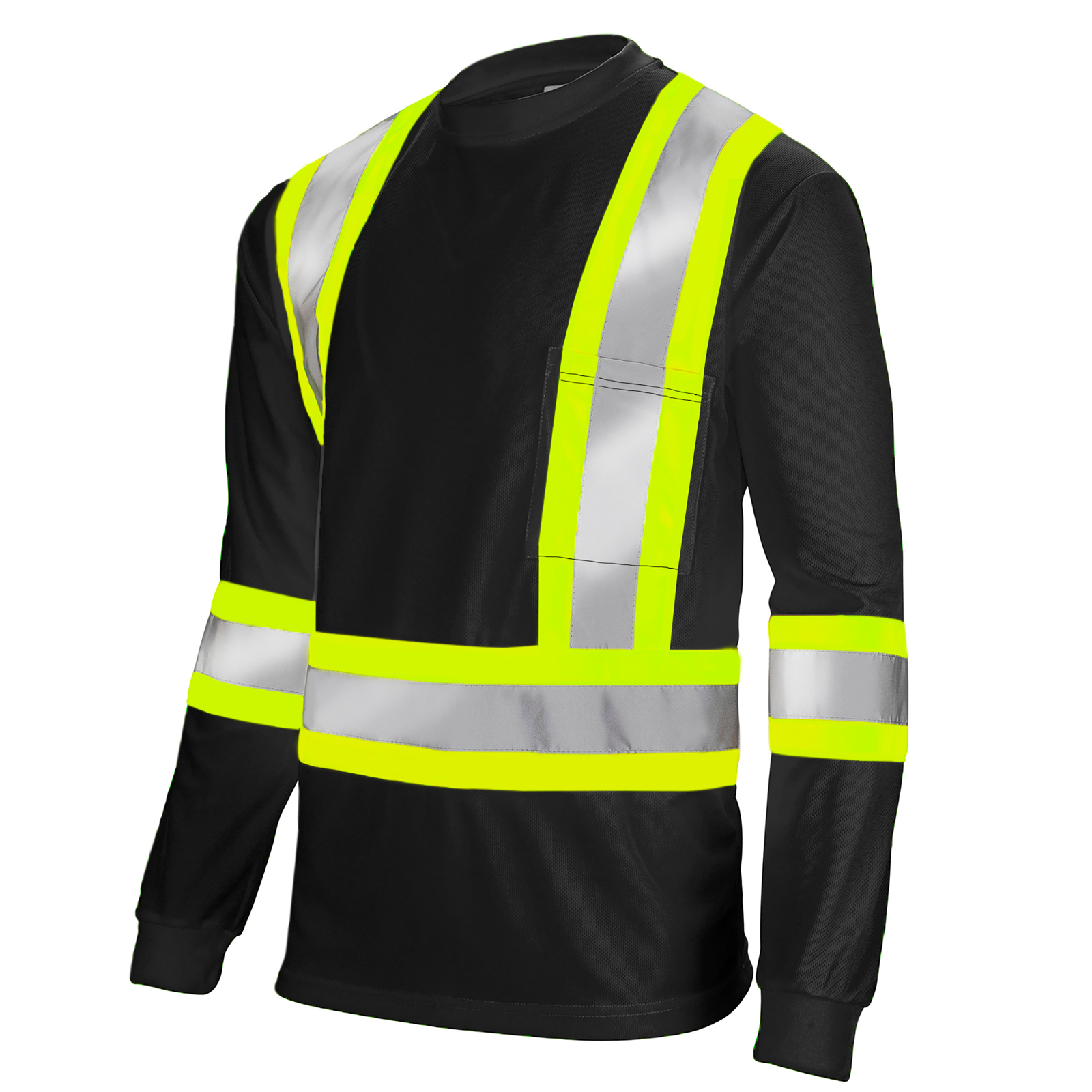 Hi-vis reflective two tone long sleeve safety black and yellow pocket shirt with X on the back