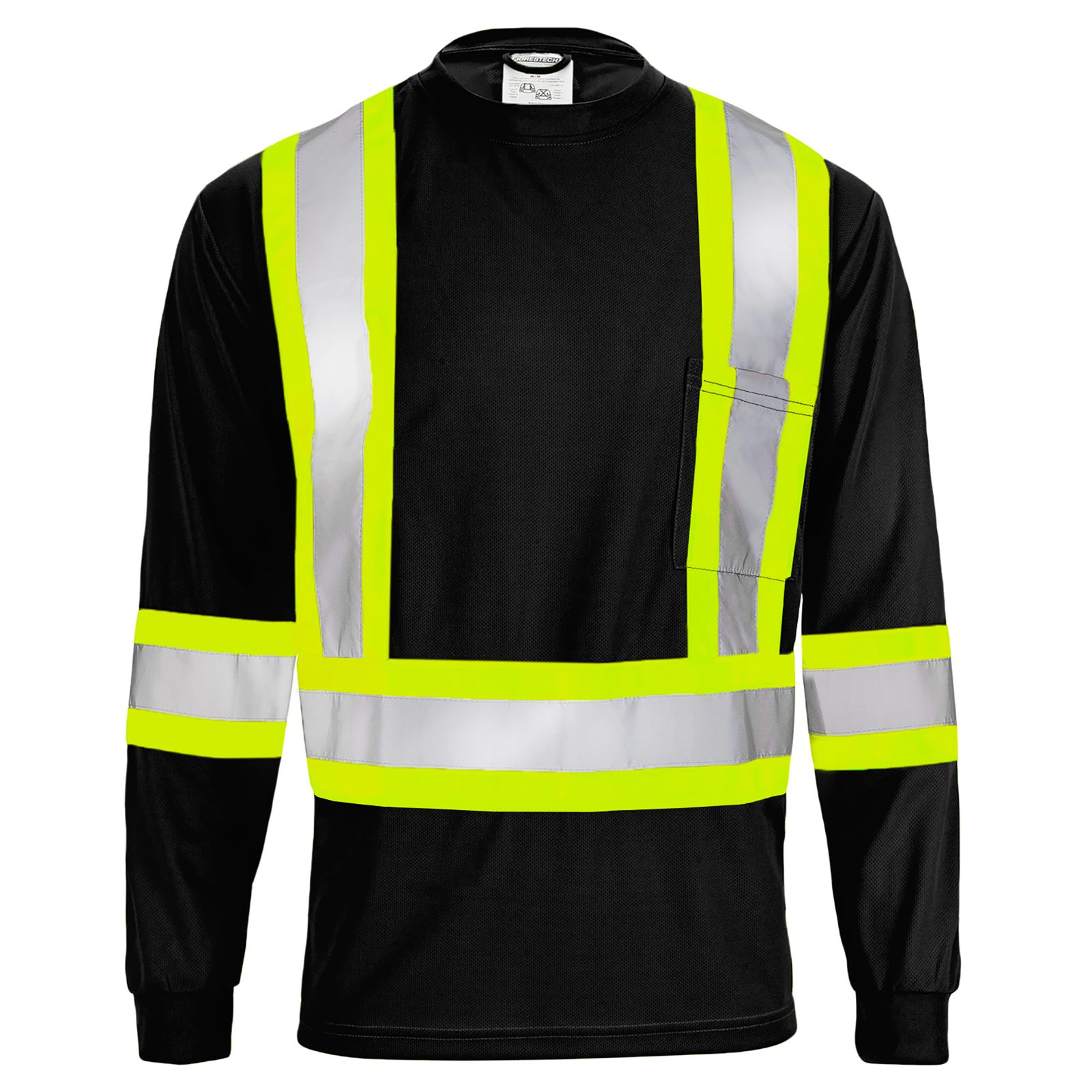 Front of a high vis reflective two tone safety black and yellow pocket long sleeve shirt 